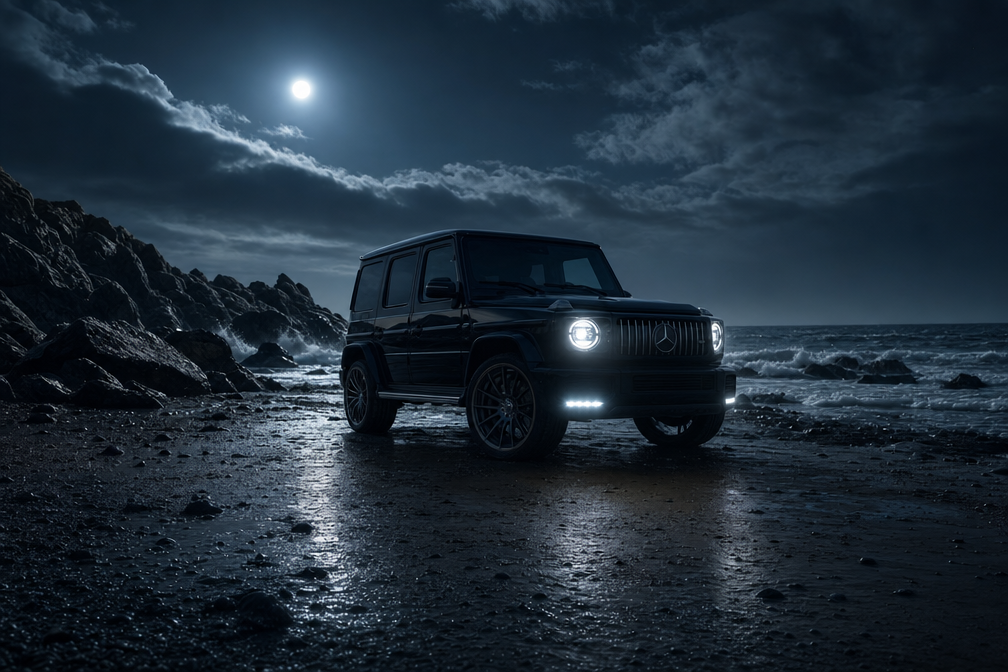 Moonlit Luxury SUV on Rocky Shore
