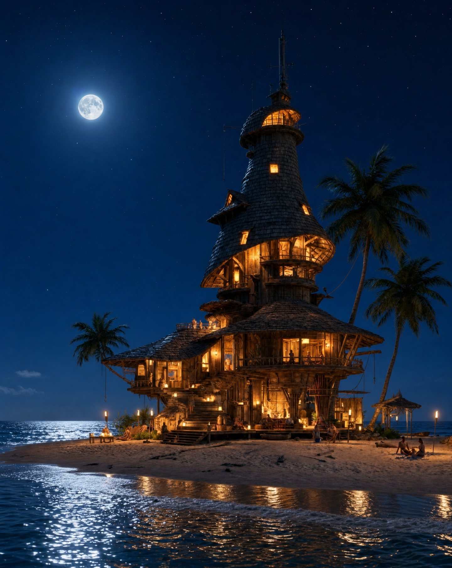 Moonlit Tropical Wooden Tower Villa