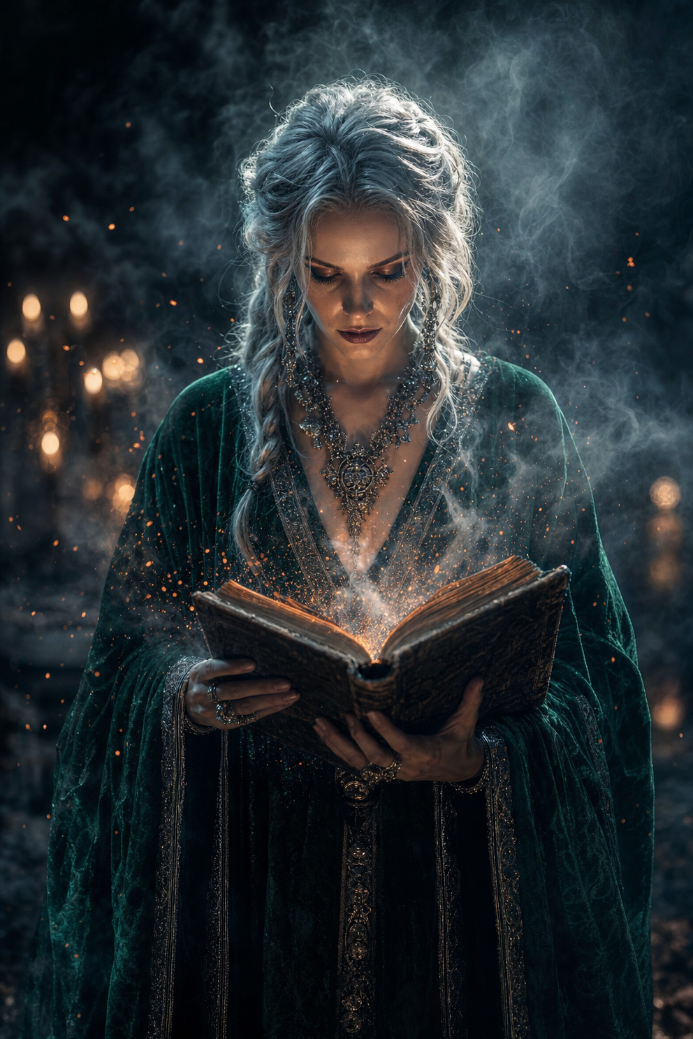 Moonlit Witch Reading an Emerald Grimoire