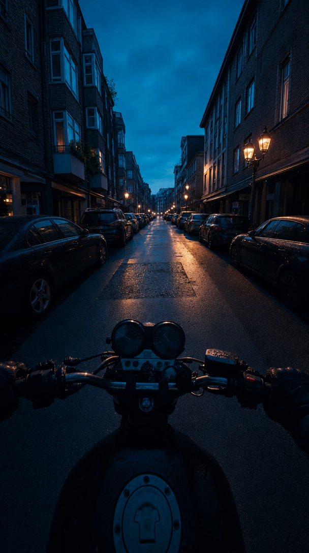 Motorbike ride through blue-hour city