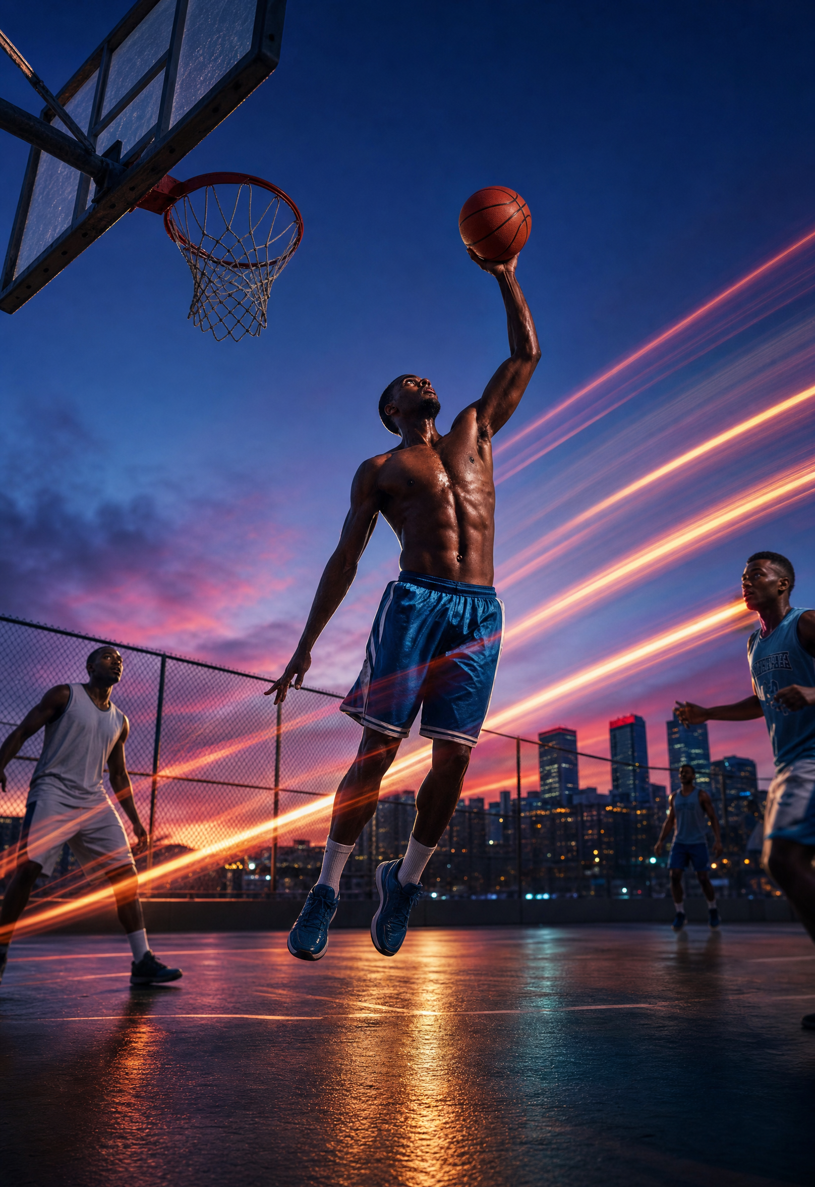 Muscular Dunking Player With Diagonal Light Trails