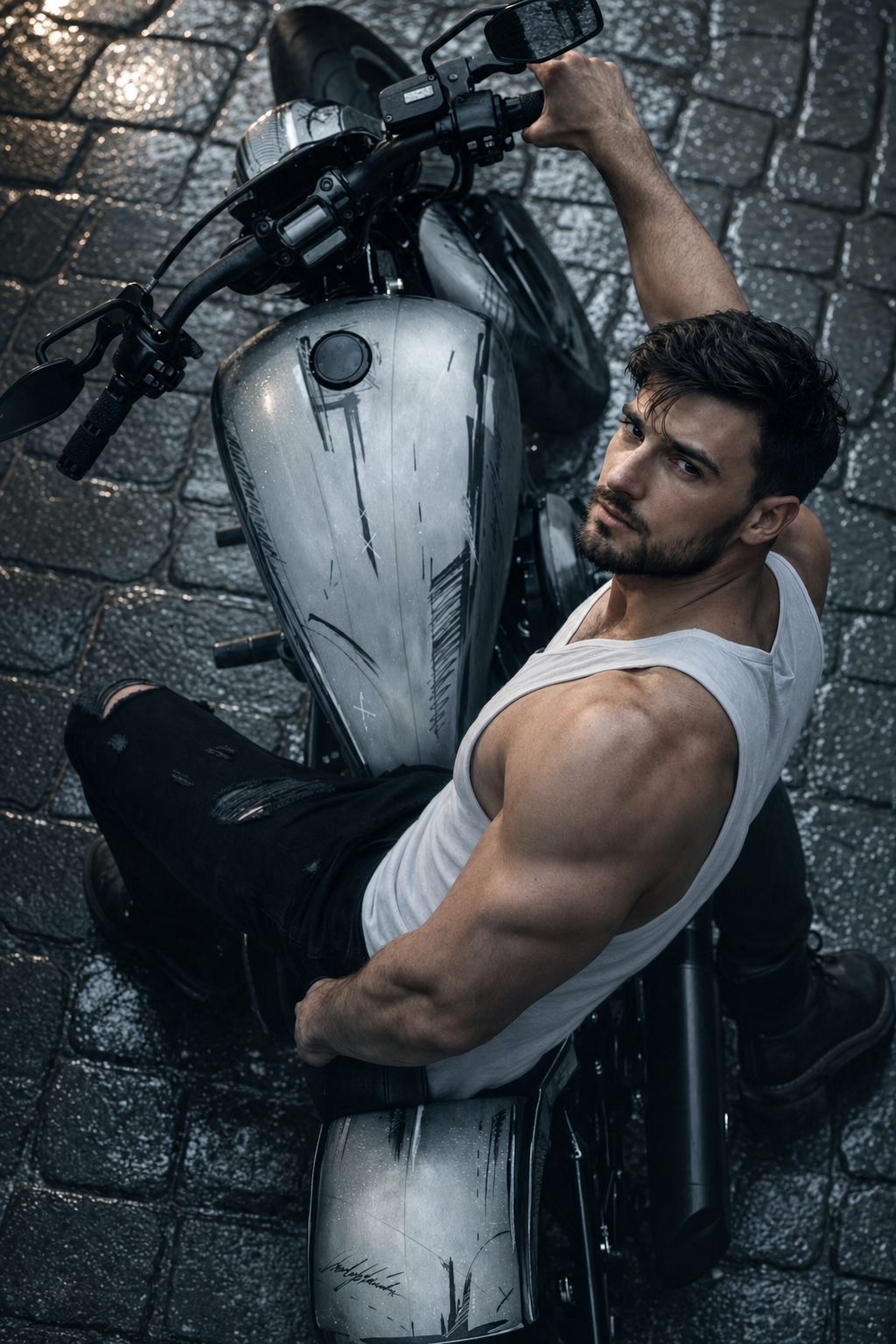 Muscular man in white tank on silver motorcycle