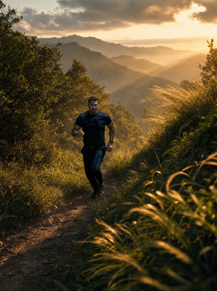 Muscular runner in golden green valley