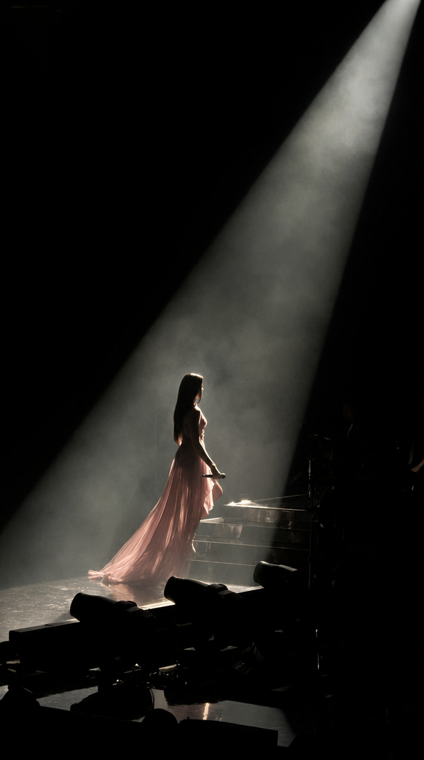 Mysterious Spotlighted Woman in Rose Gown