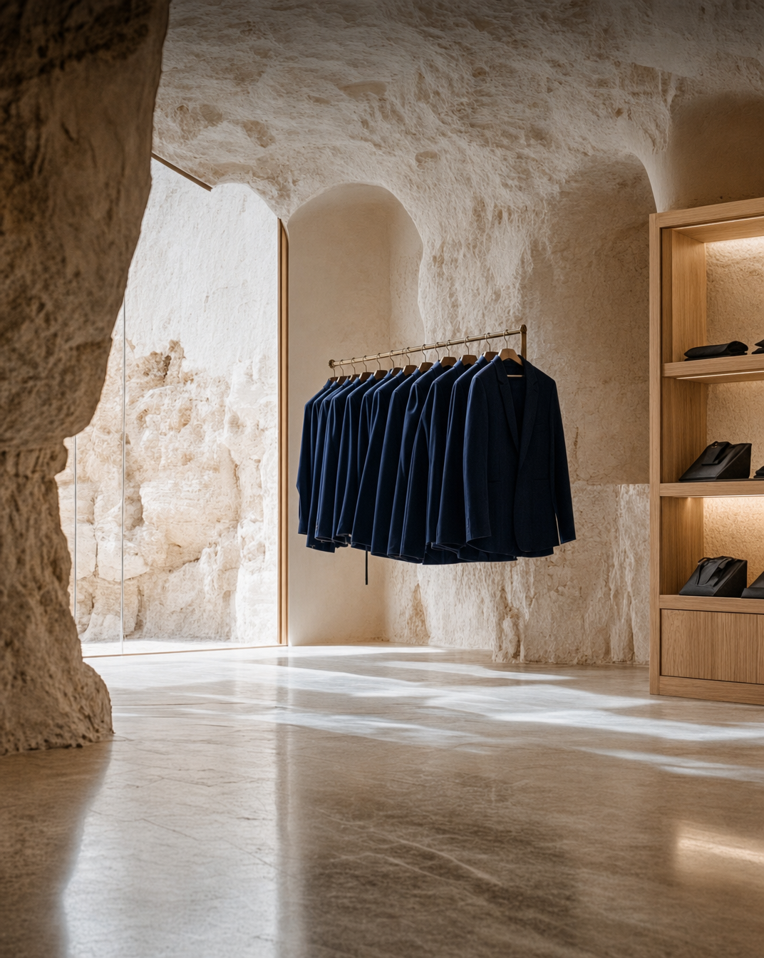 Navy Jackets in Stone Luxury Boutique Interior