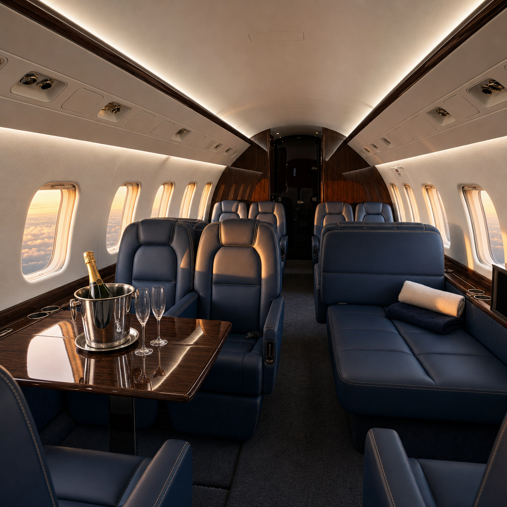 Navy Leather Jet Cabin With Walnut Accents