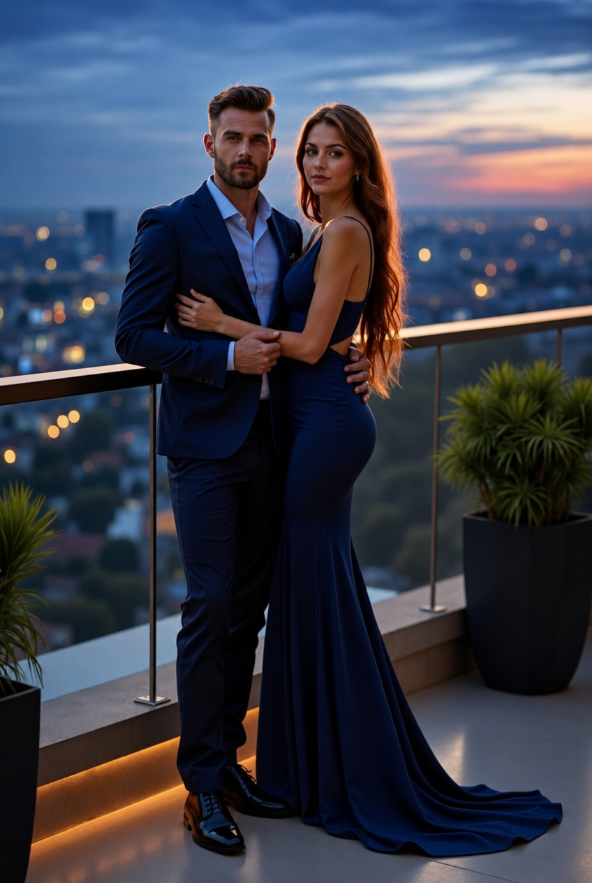 Navy Suited Couple on High-Rise Balcony at Blue Hour