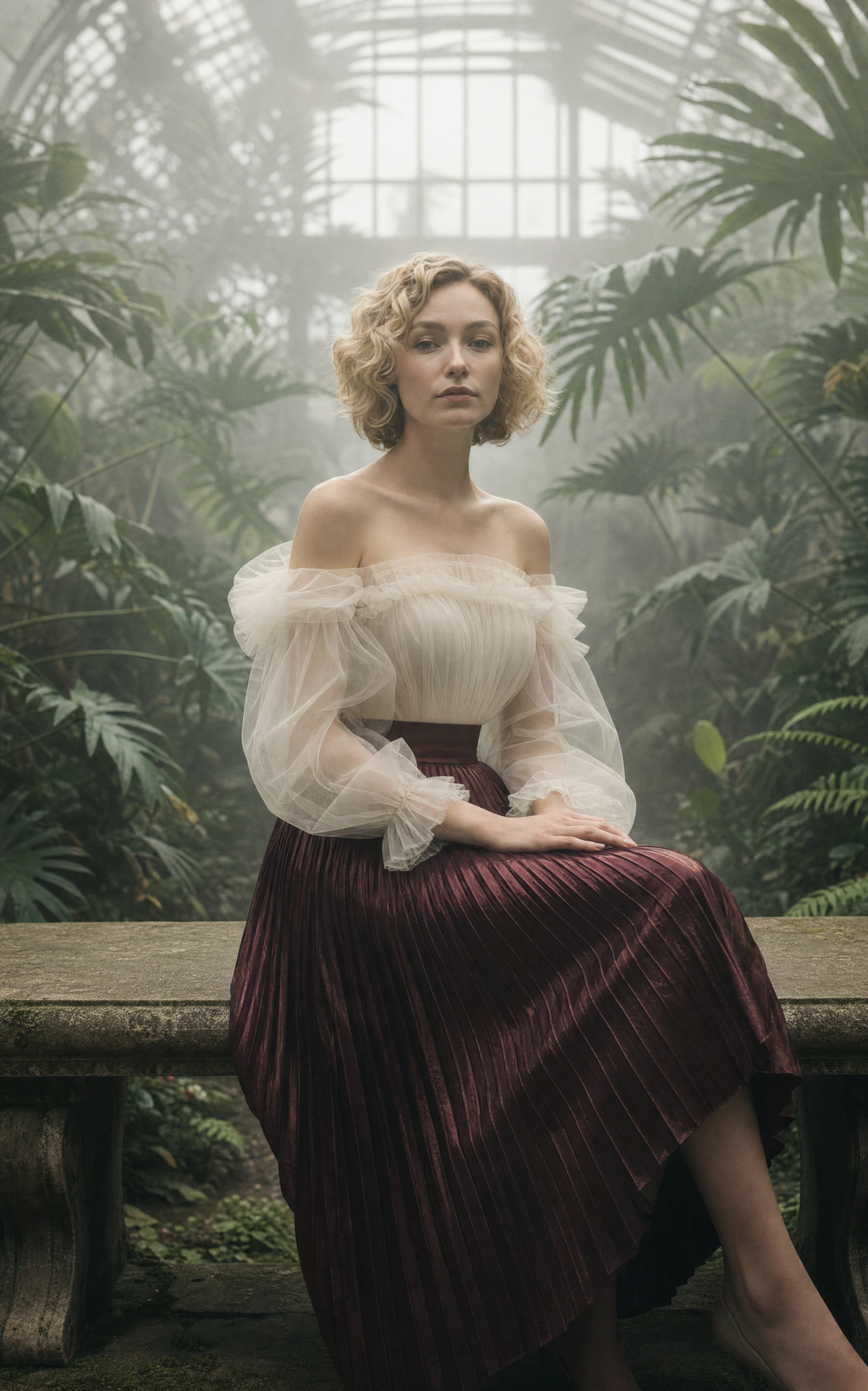 Neo-Victorian Woman in Misty Conservatory