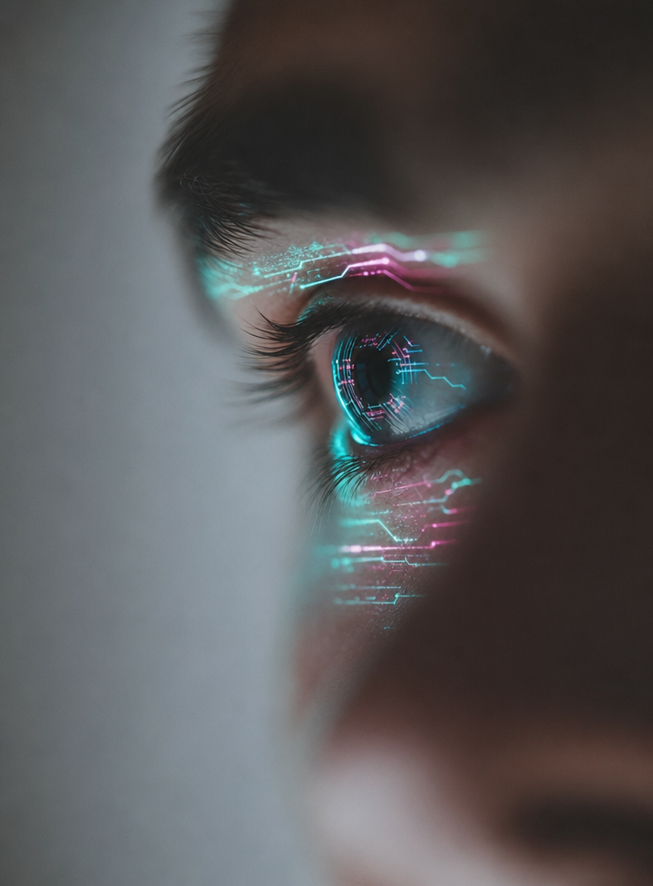 Neon circuitry reflected in a close eye