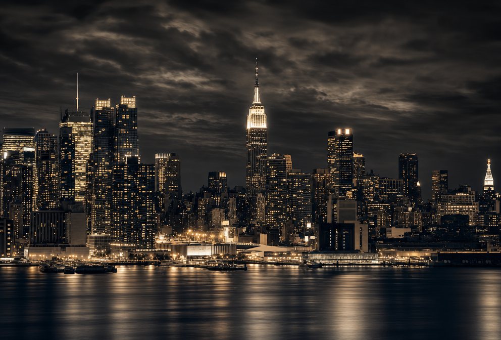 Night City Skyline with Amber Windows and Sepia Water