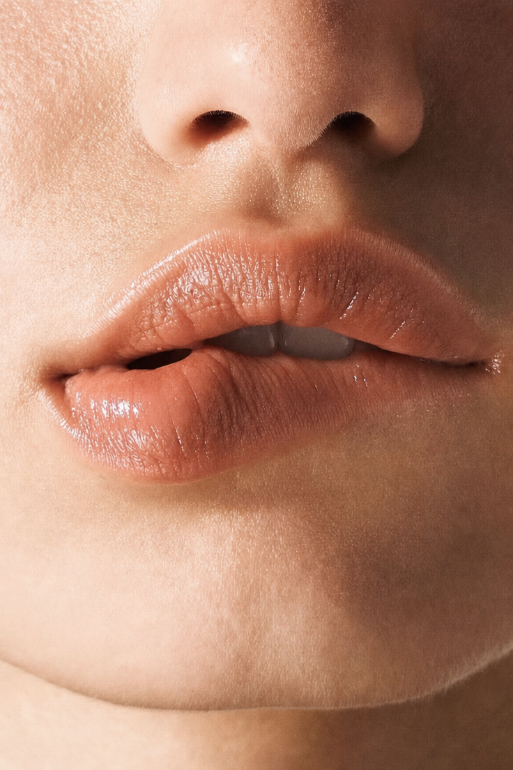 Nude-peach gloss lower-face portrait