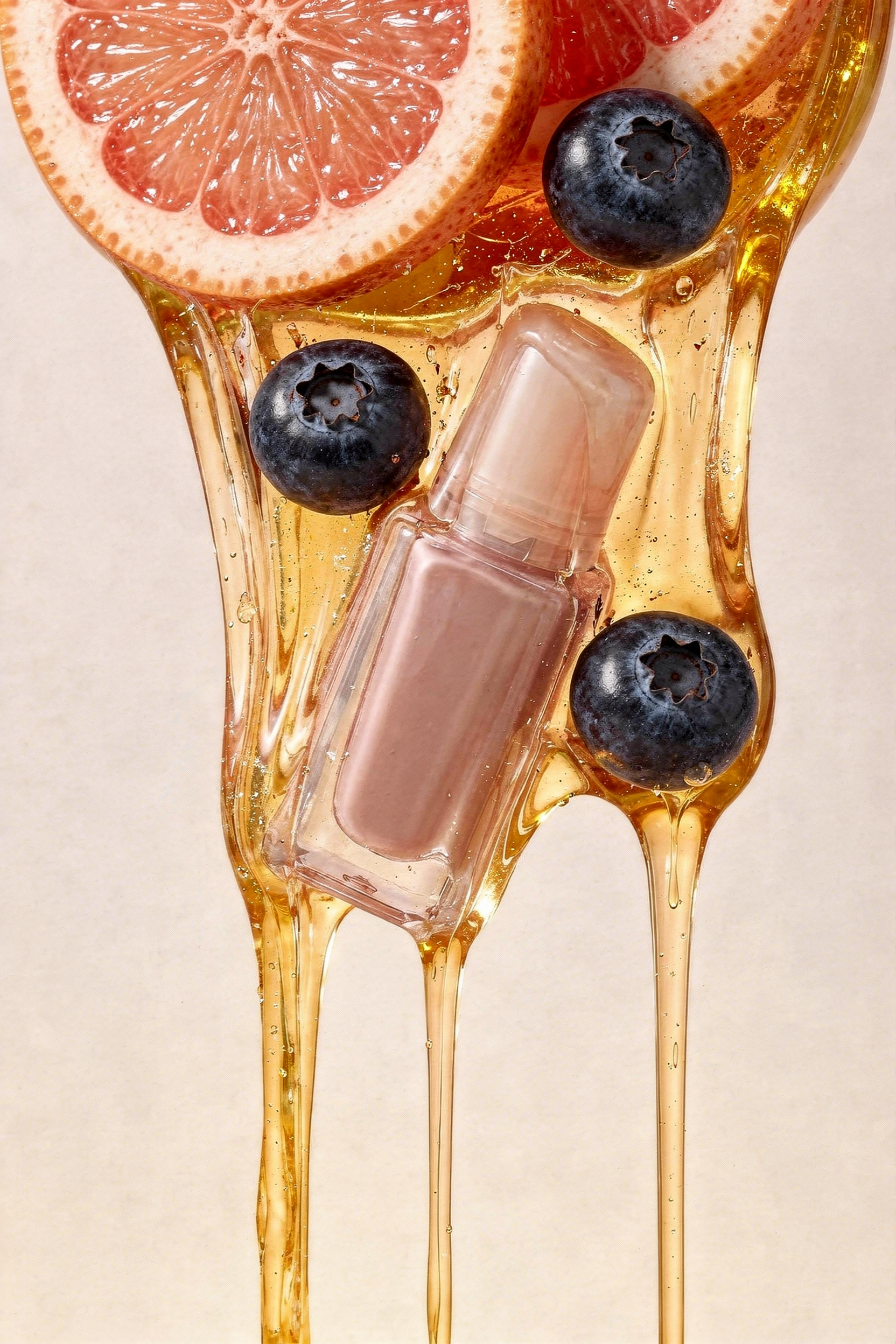 Nude pink lip gloss in amber jelly with blueberries