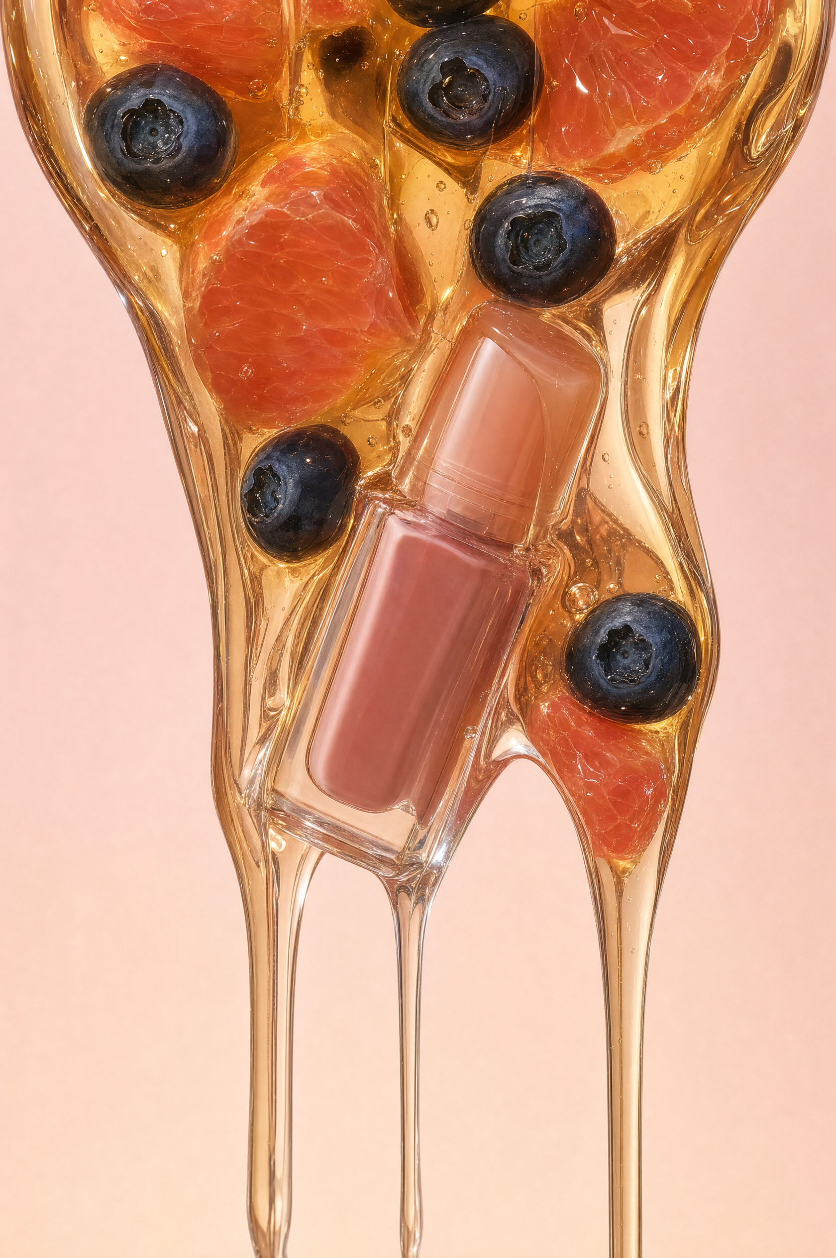 Nude pink lip gloss in amber jelly with blueberries