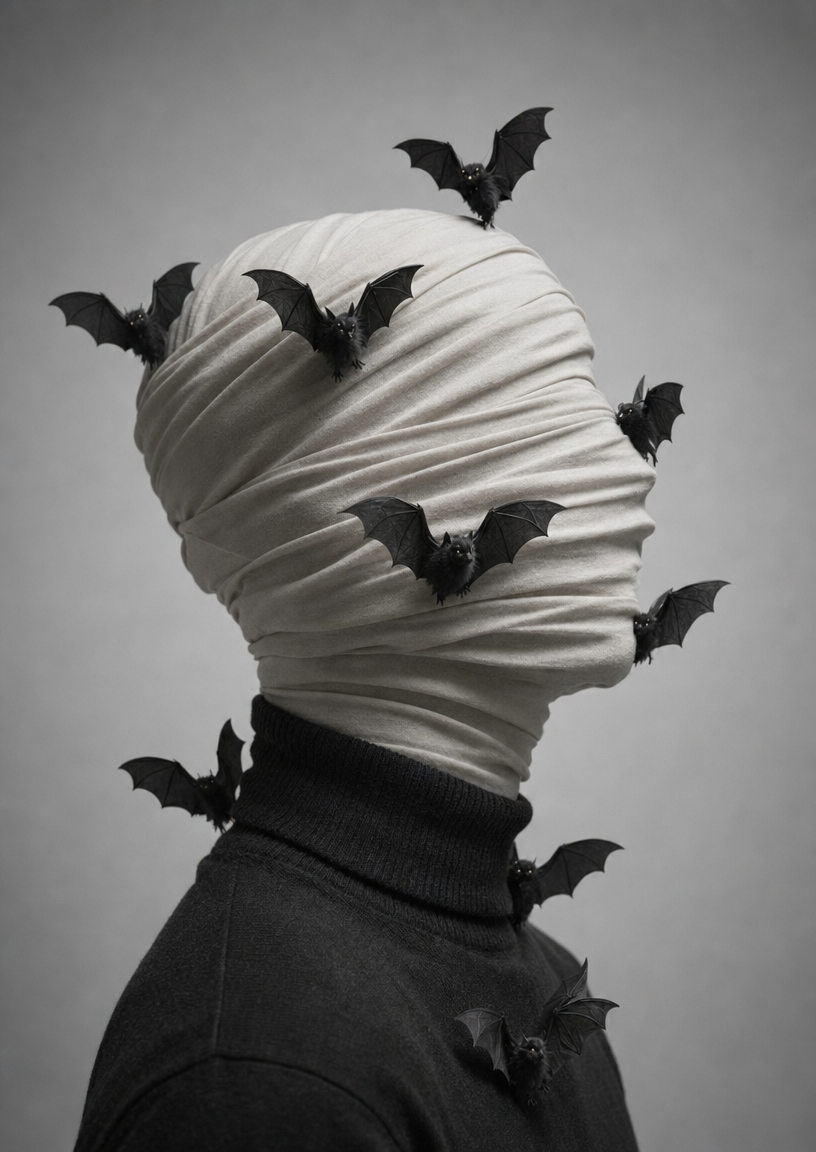 Off-white cocooned human with bats on head