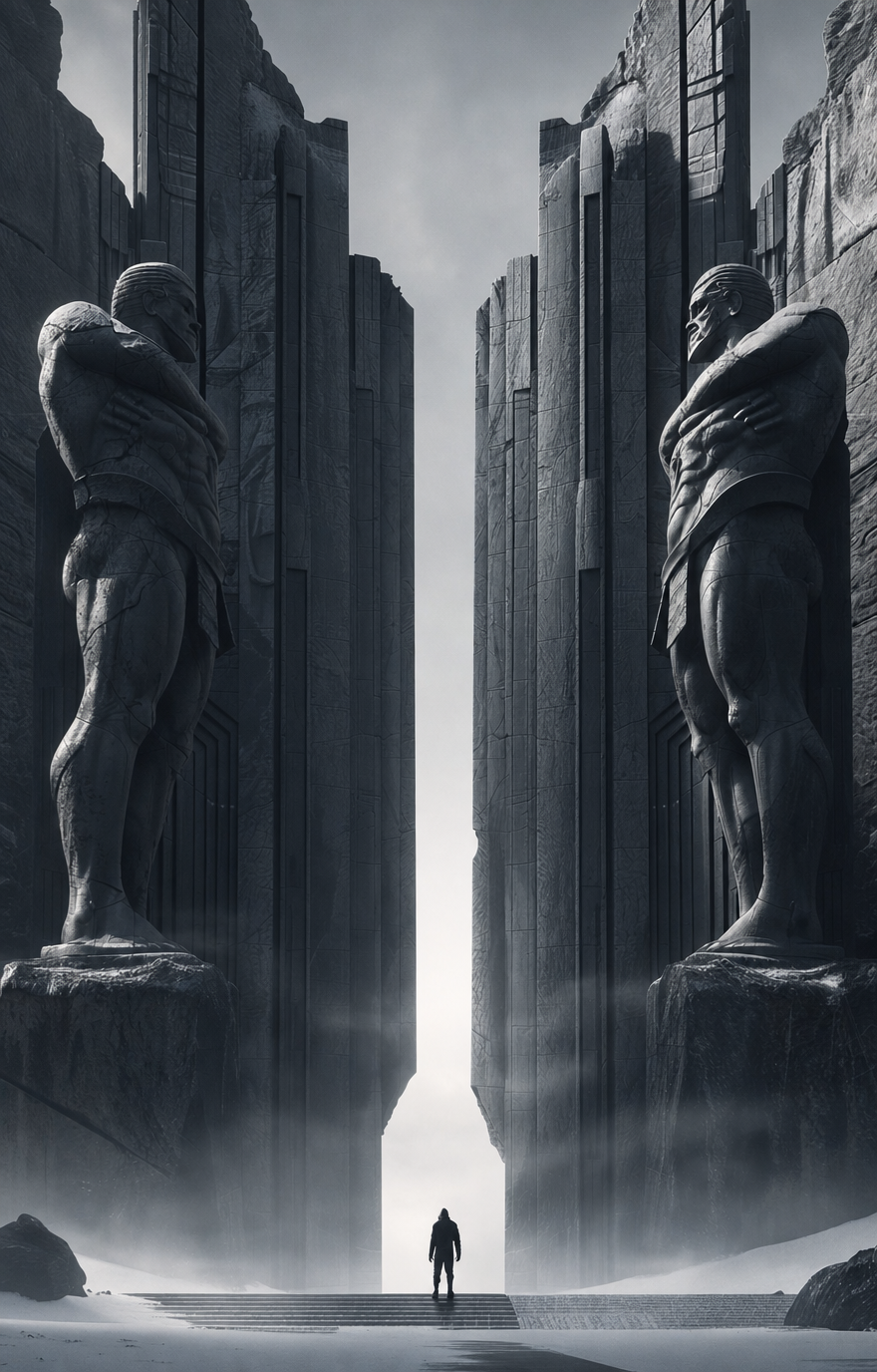 Ominous Corridor With Art Deco Warriors
