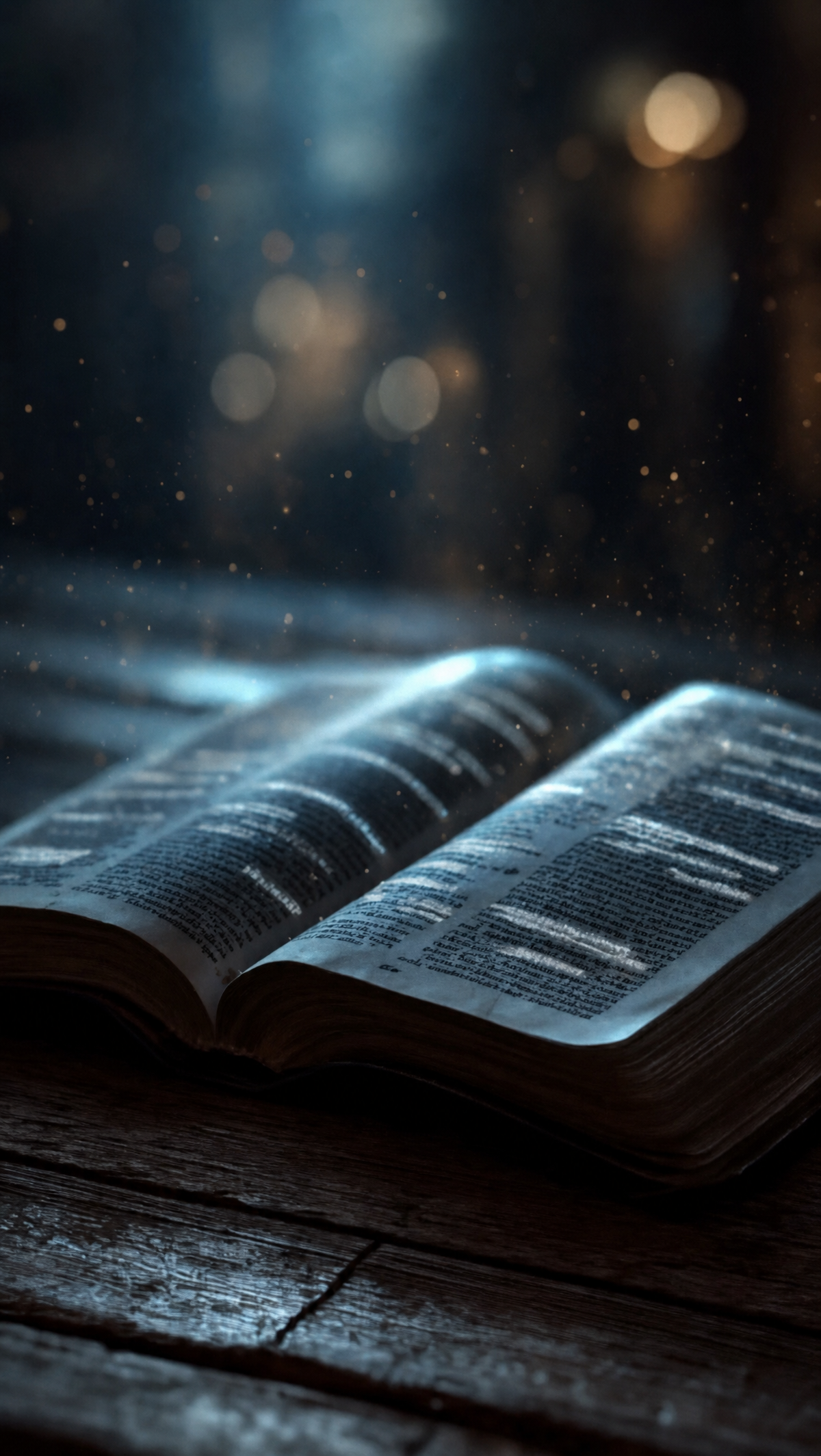 Open book on weathered wooden table with blue light
