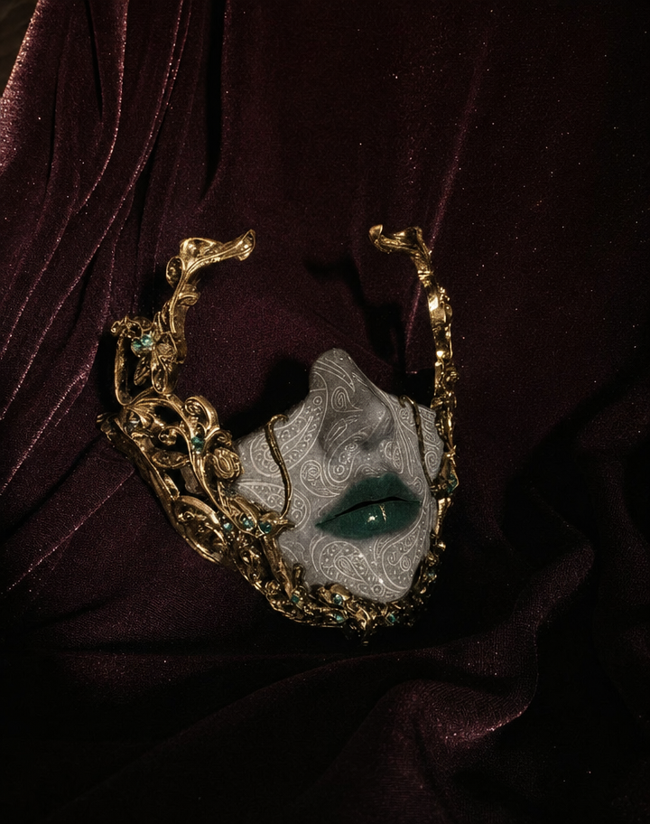 Opulent surreal mask on burgundy velvet