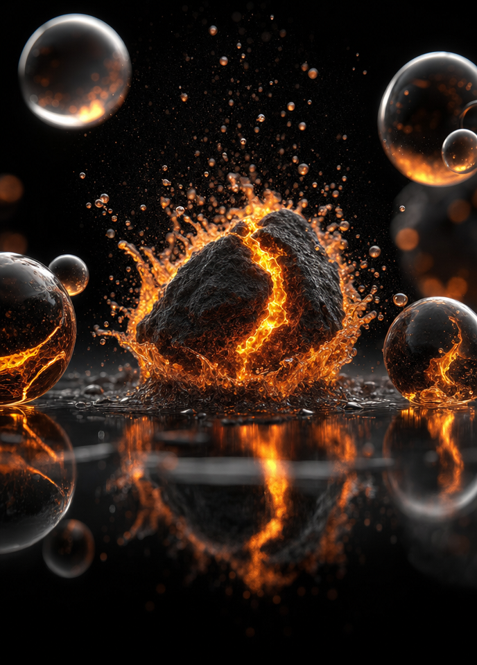 Orange Molten Core Among Glass Spheres