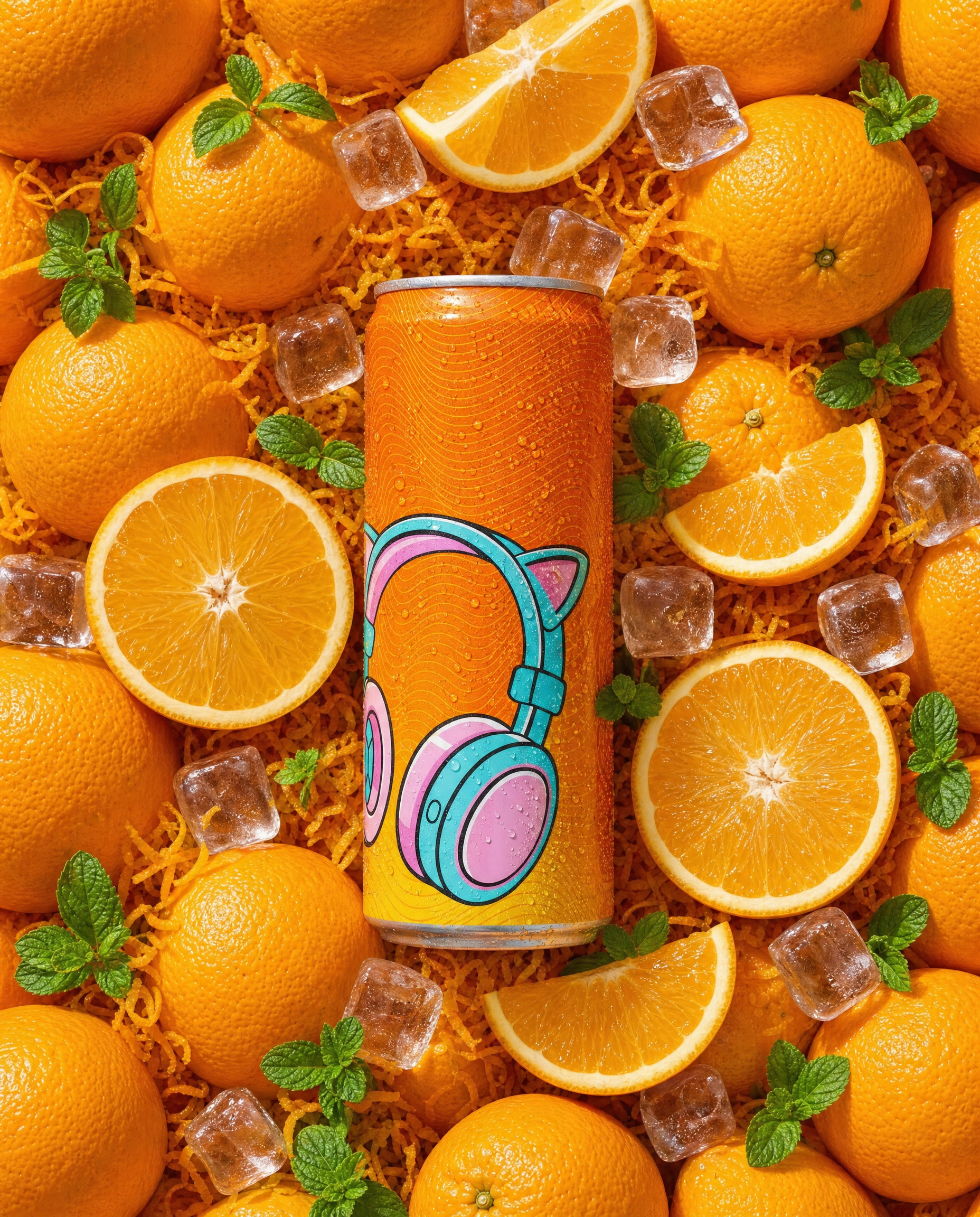 Orange soda can on orange zest and mint