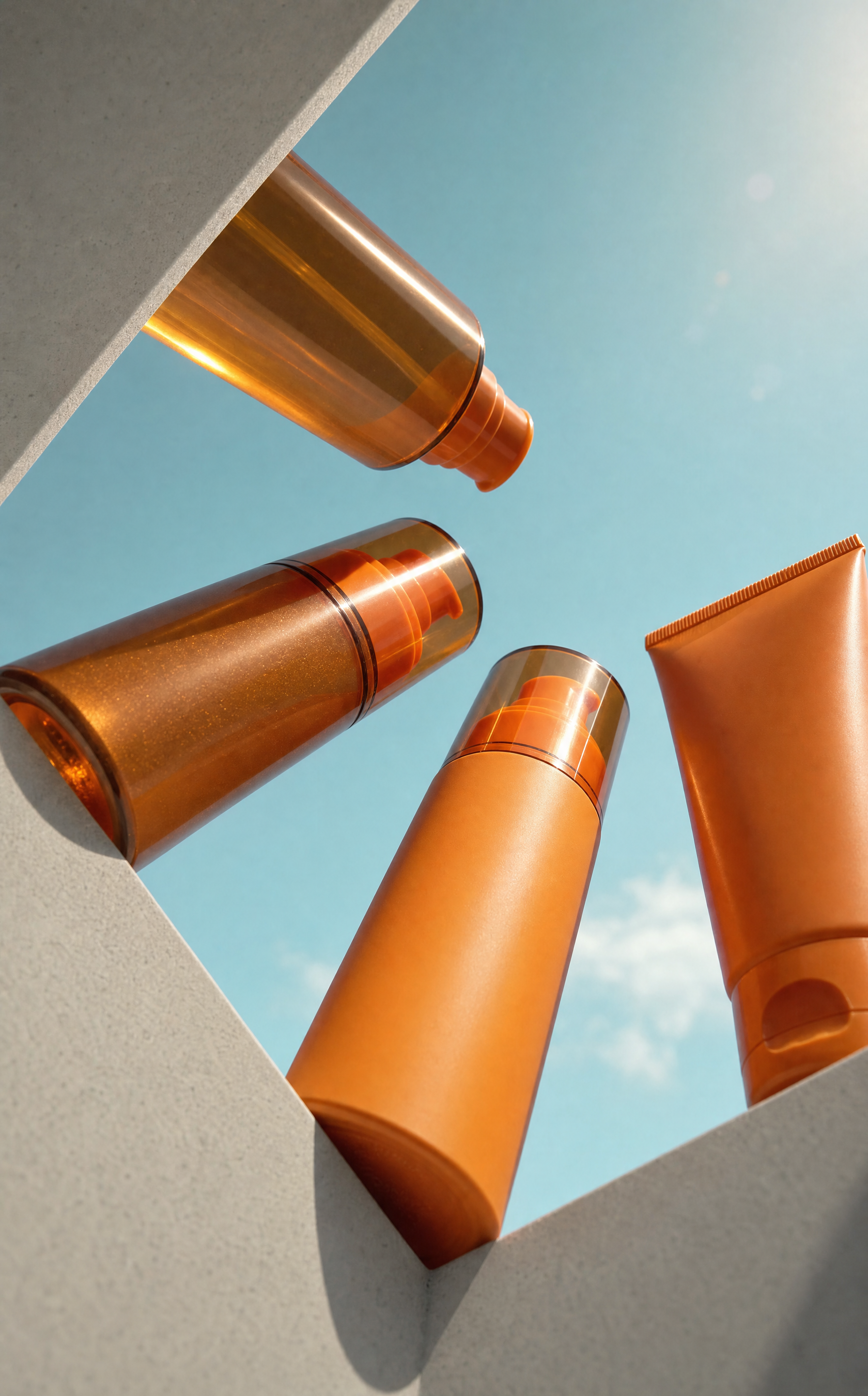 Orange sunscreen bottles and tubes, cyan sky framing