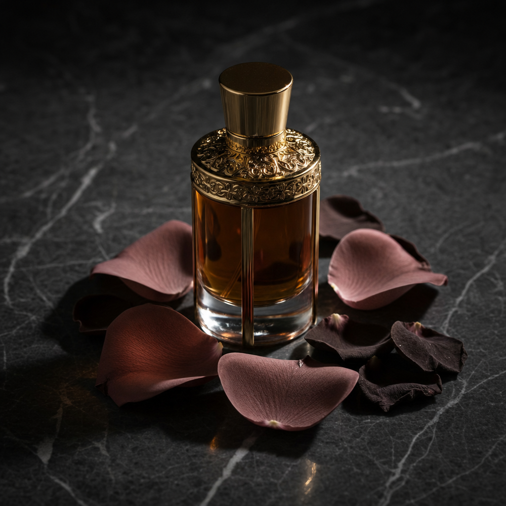 Ornate Gold-Capped Perfume in Mauve Petals