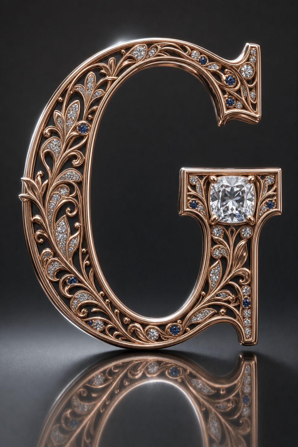 Ornate rose-gold letter G with right-side gemstones