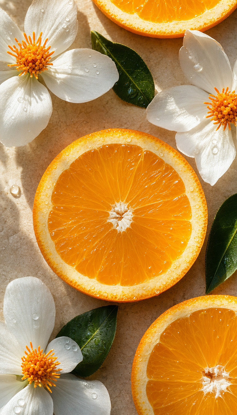 Overhead Orange Slices with White Blossoms