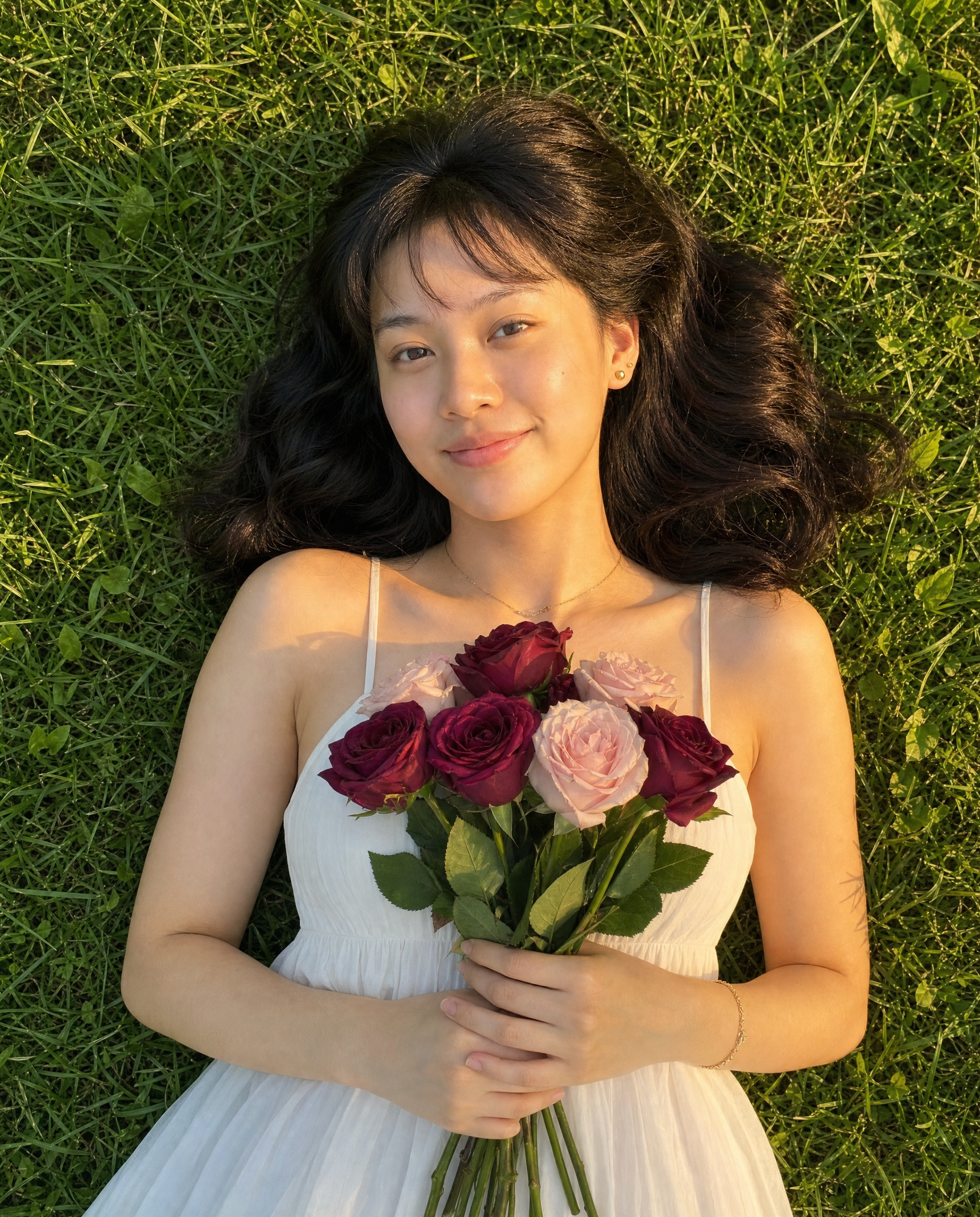 Overhead romantic portrait on green grass