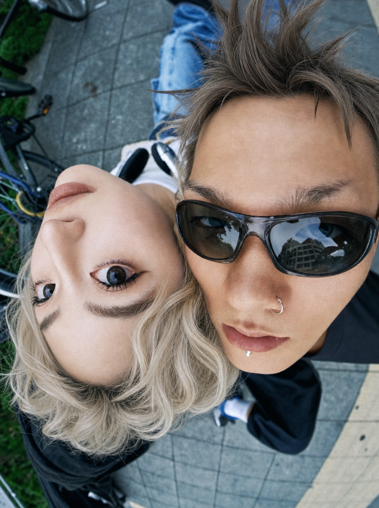 Overhead urban duo with edgy style