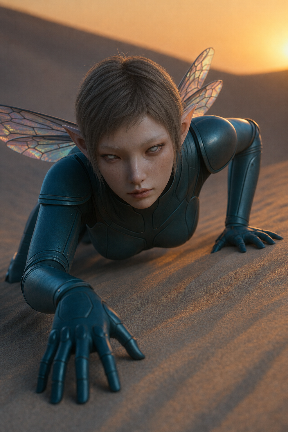 Pale alien fairy in teal suit at dusk