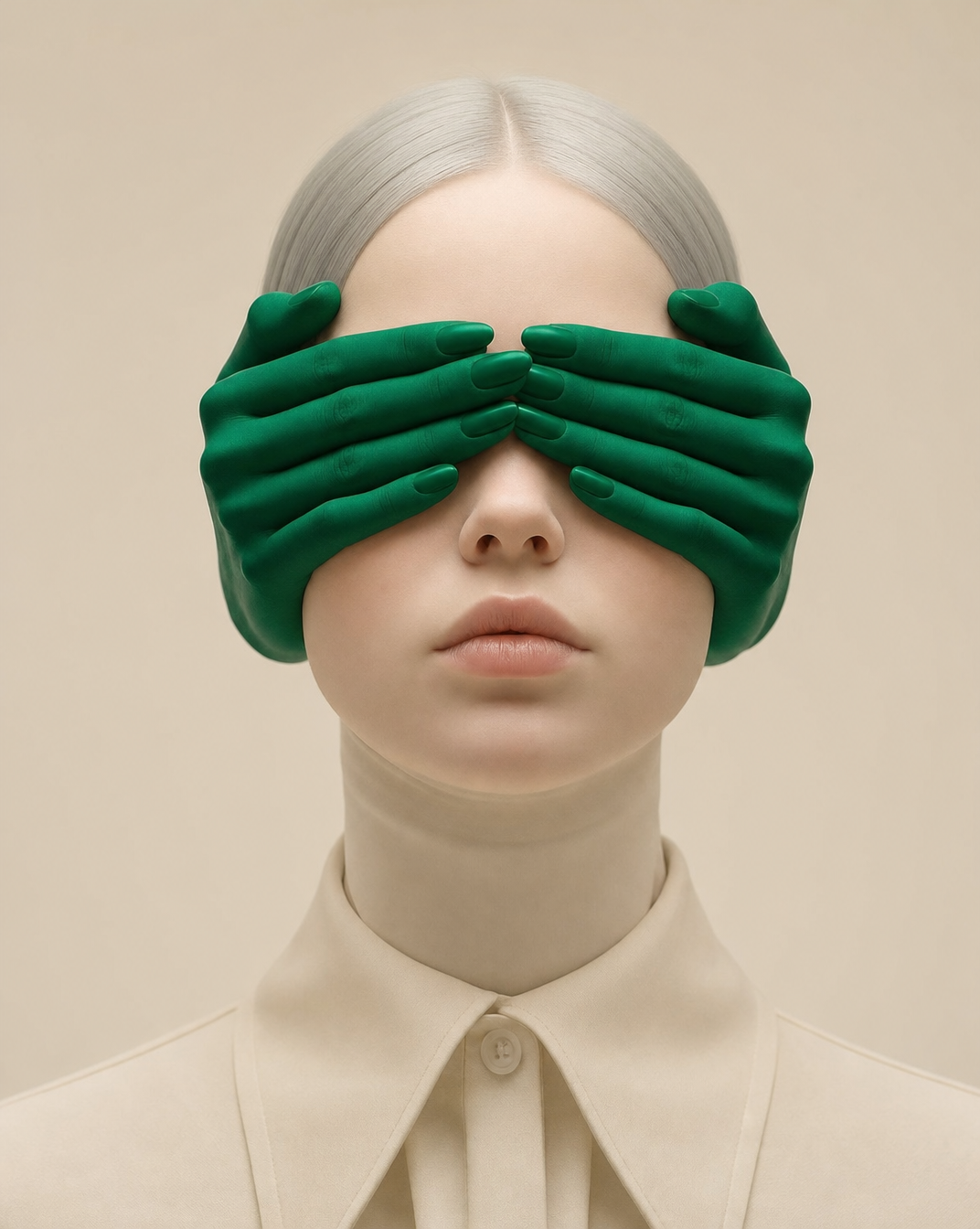 Pale figure with silver hair, emerald eye gloves