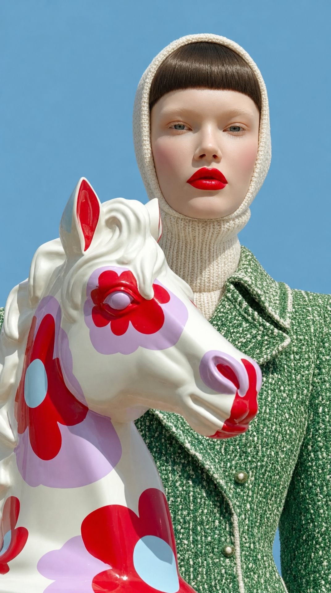 Pale Model with Dark Brown Bangs Beside White Horse Sculpture