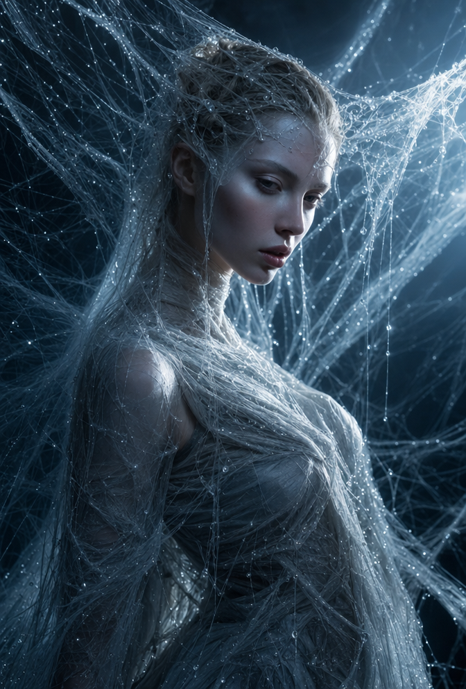 Pale woman in dew web filaments with silver-gray couture