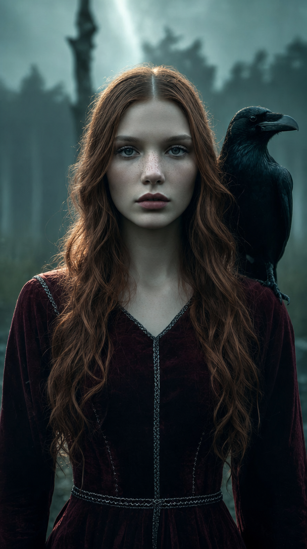 Pale woman with copper waves and raven in misty forest