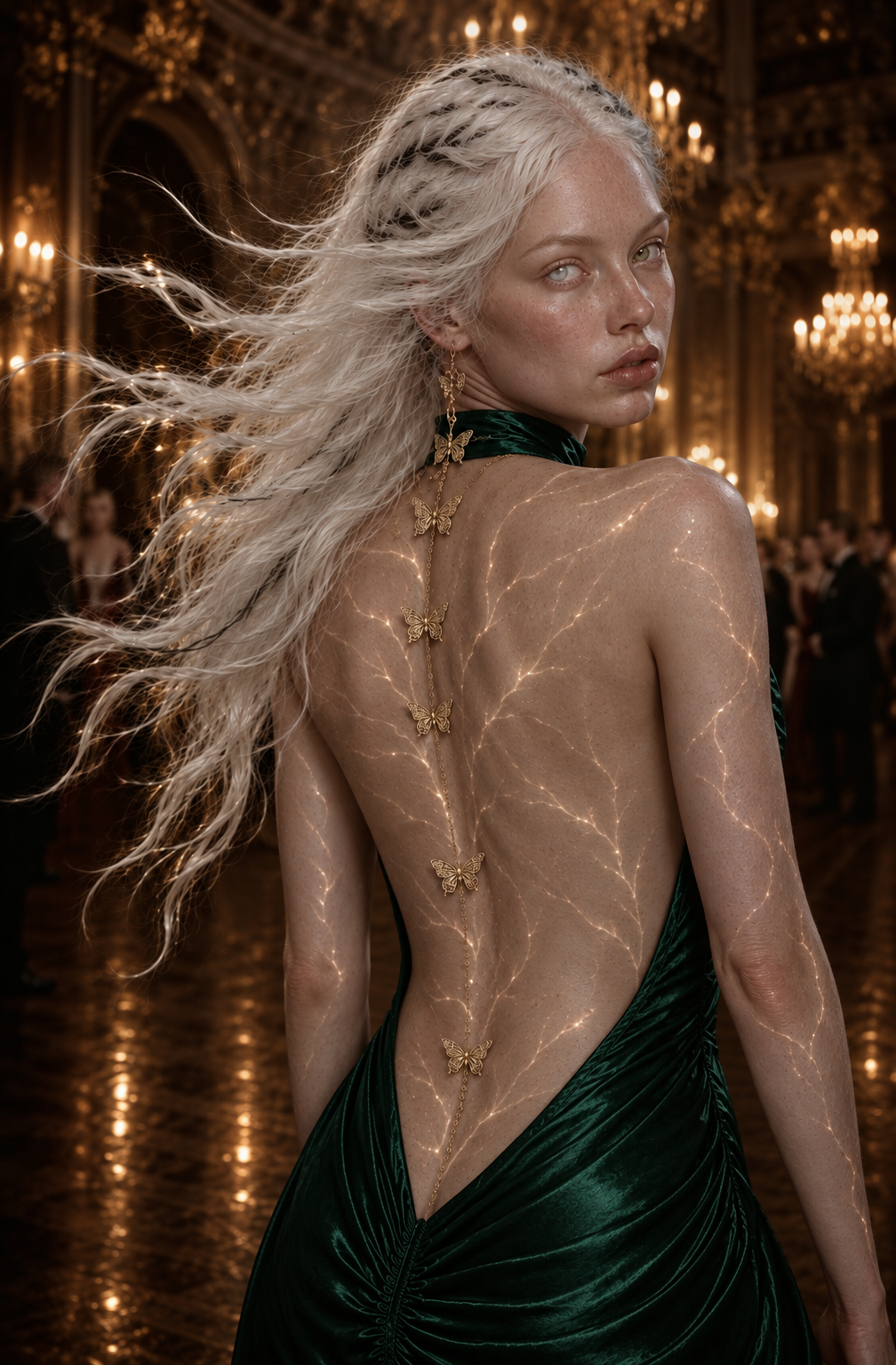Pale Woman with Long White Hair, Emerald Gown