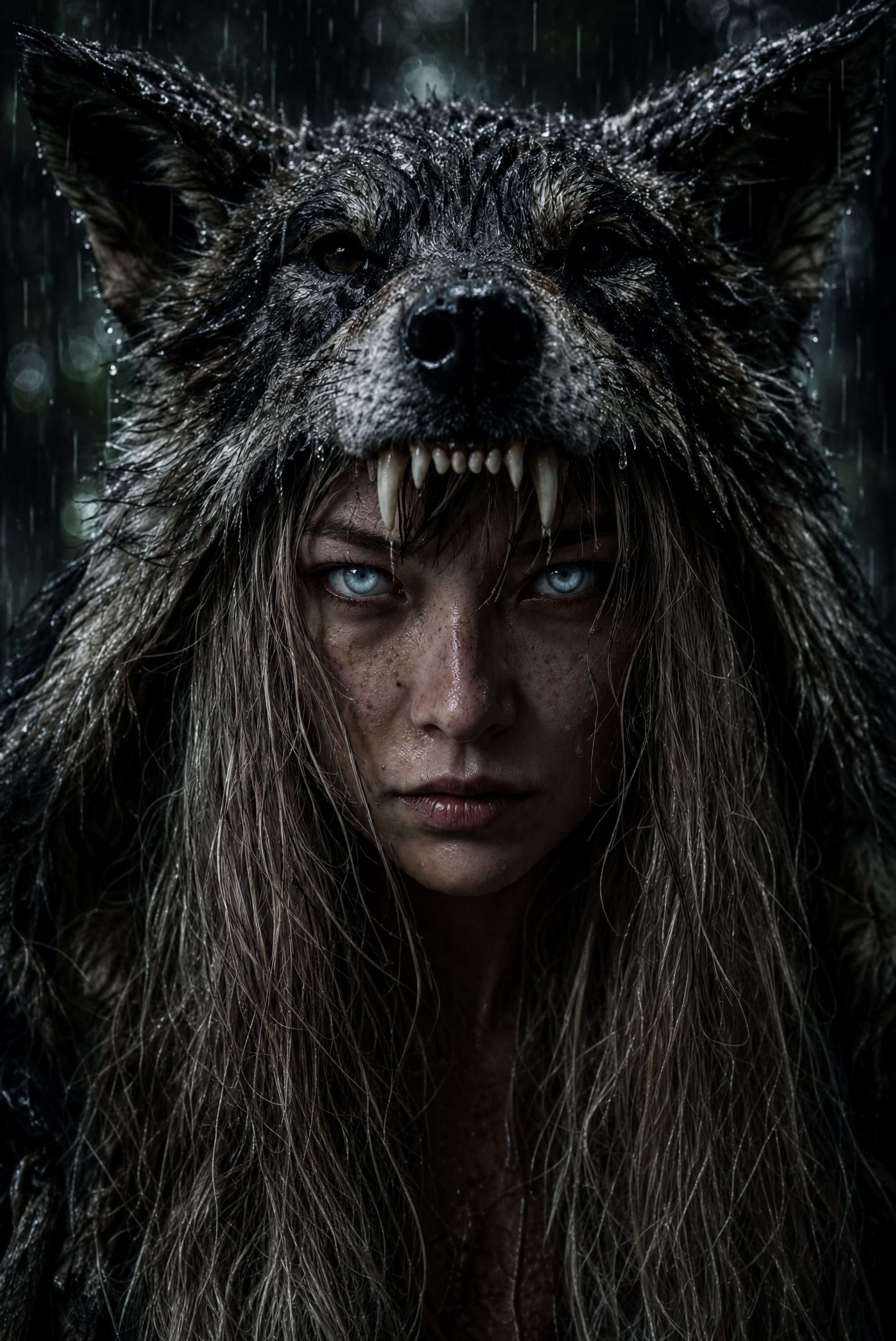 Pale woman with wolf headdress and blue eyes