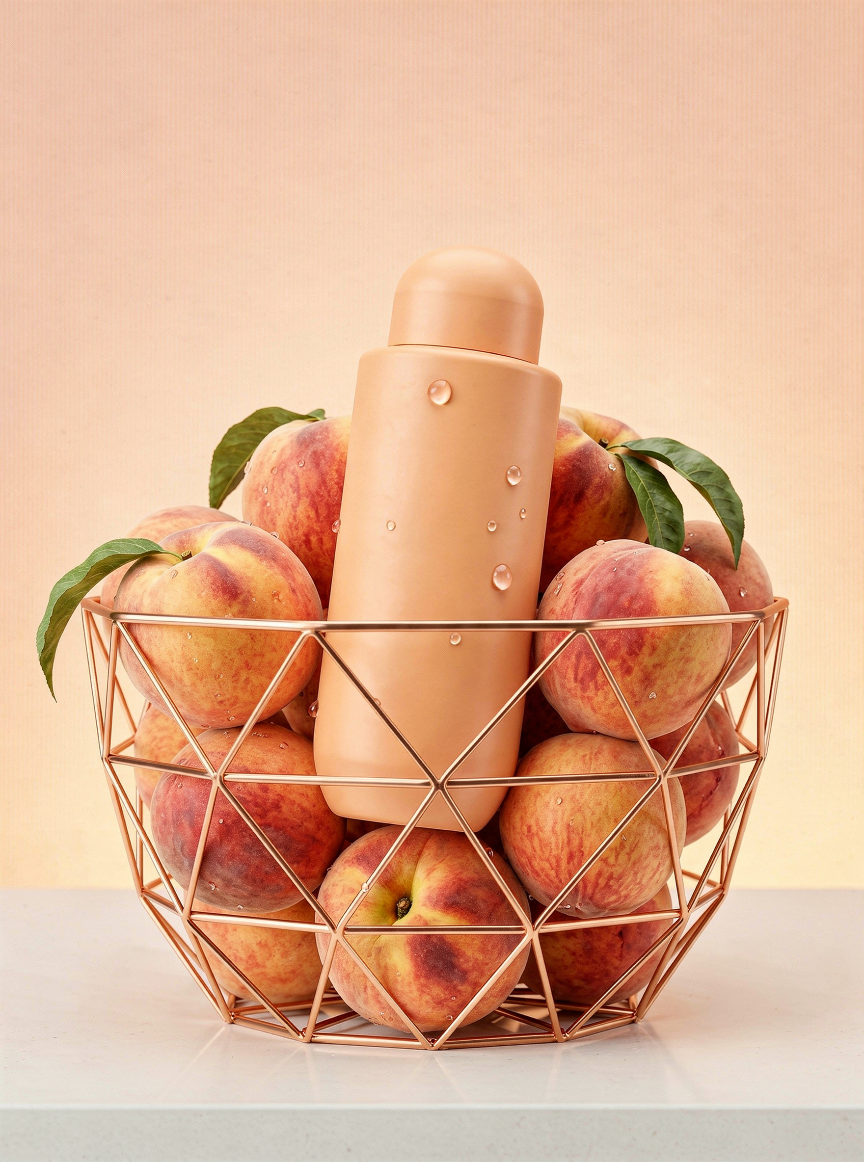 Pastel apricot body bottle in rose-gold peach basket