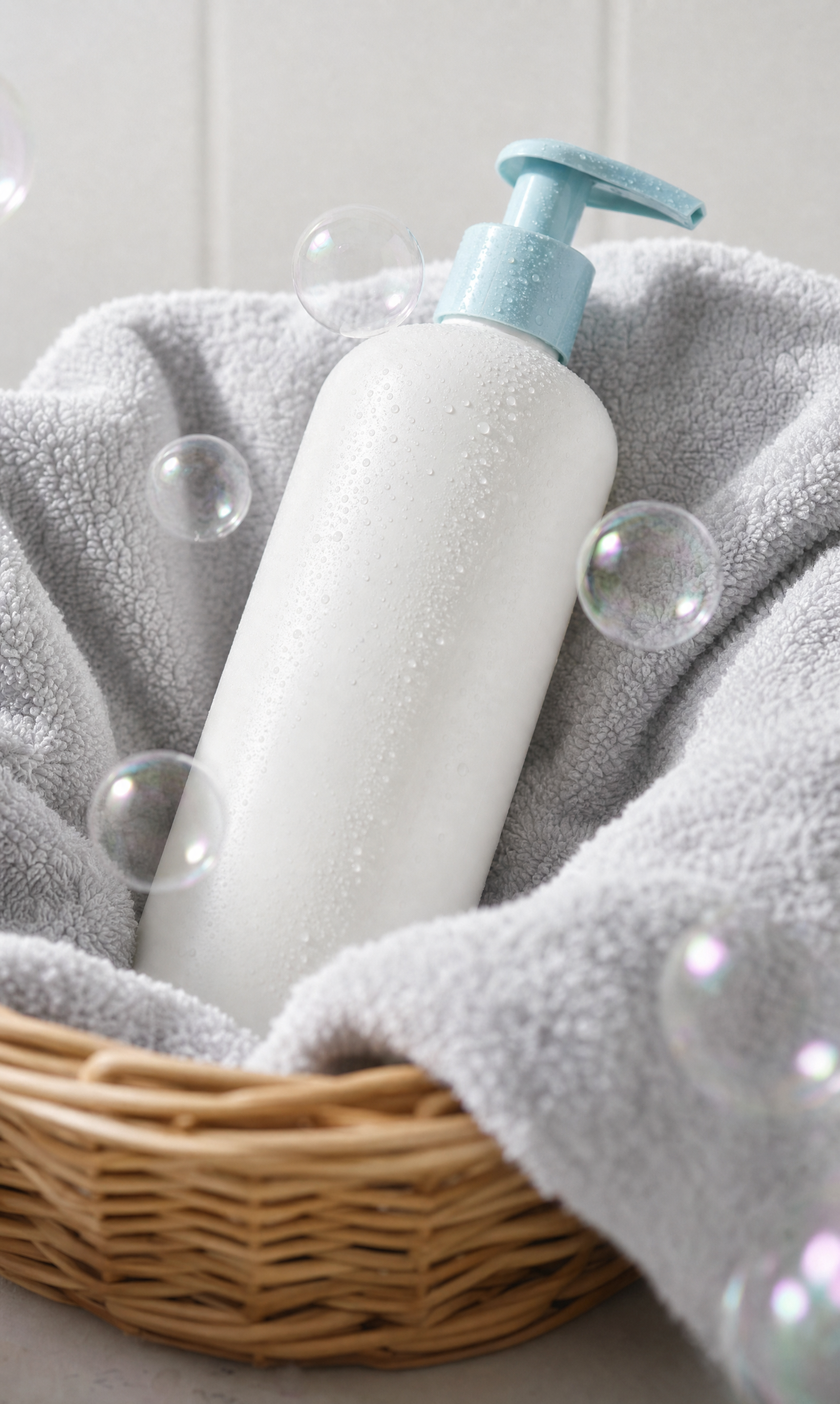 Pastel Blue Pump Soap in Towel Basket