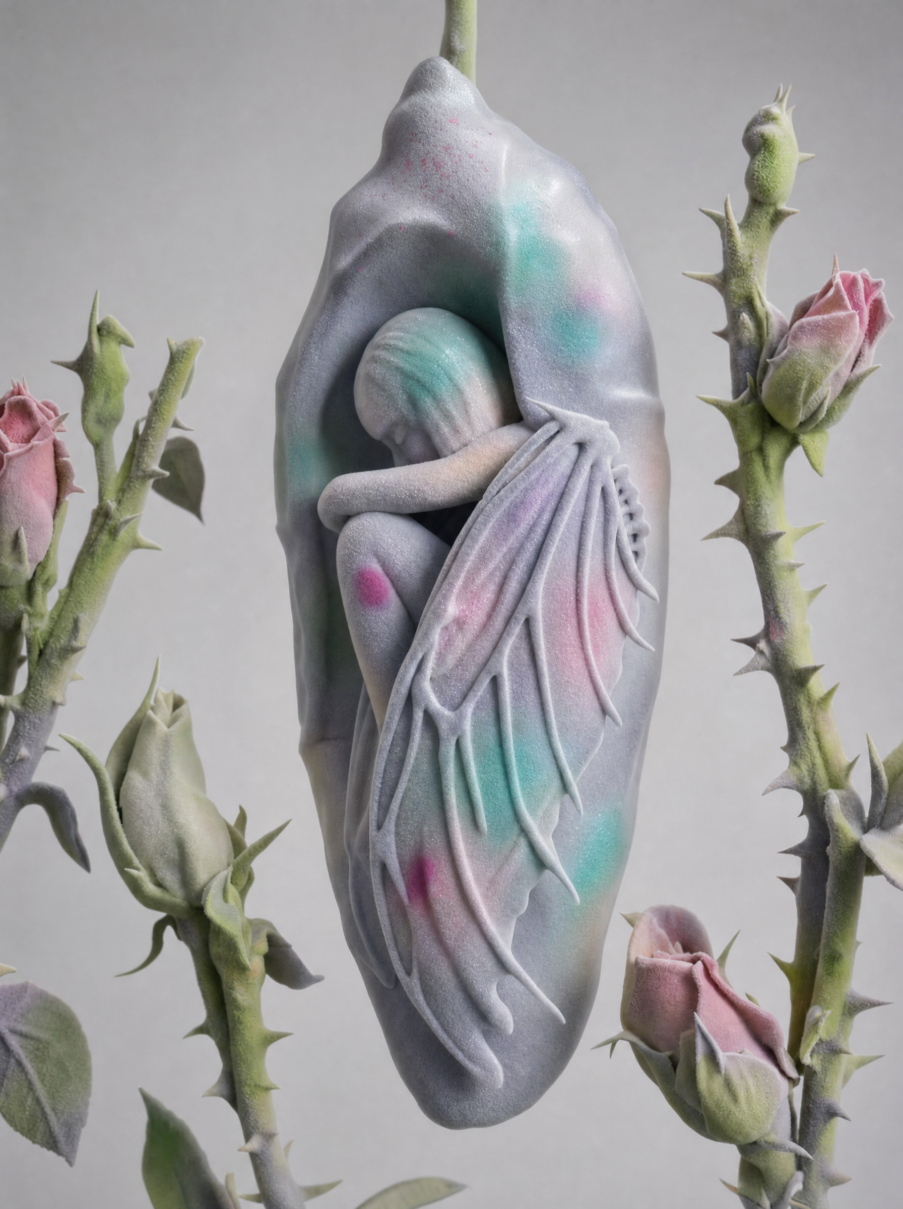 Pearlescent cocoon among thorny roses