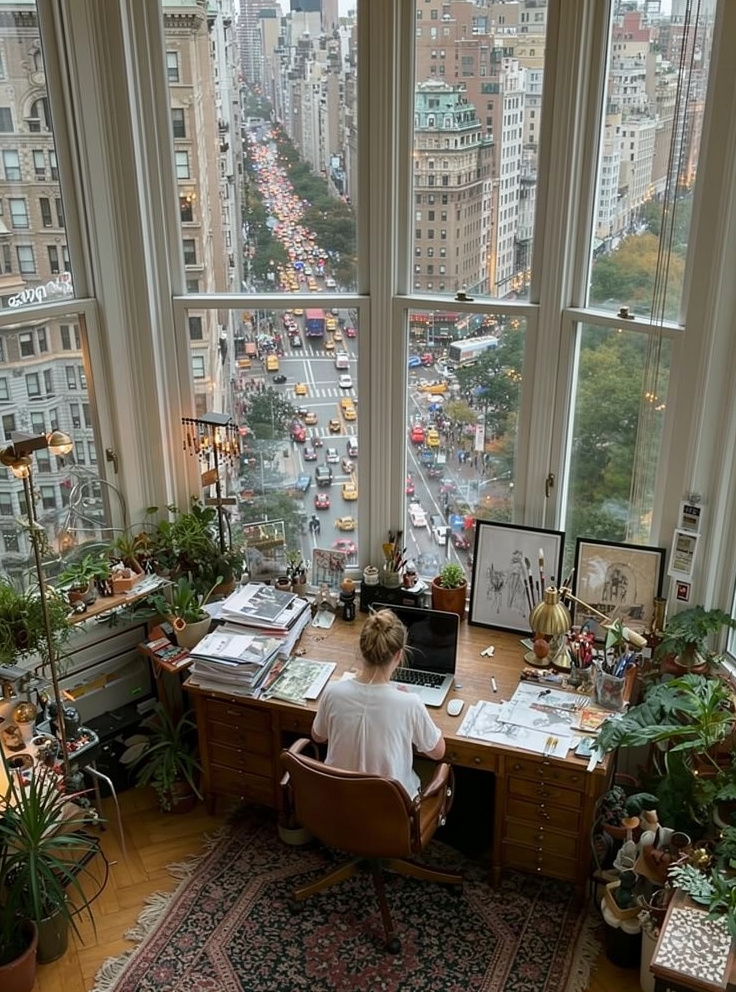 Person Working at Laptop Desk With Many Plants