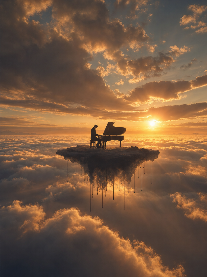 Pianist on floating rock with grand piano