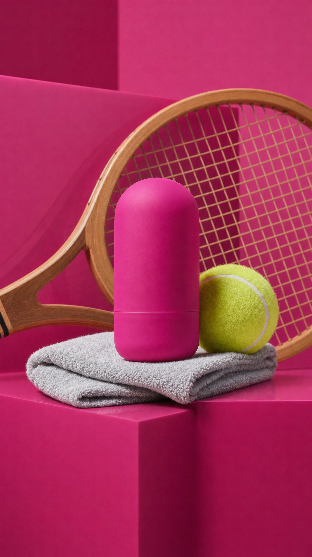 Pink deodorant stick with gray towel and racket