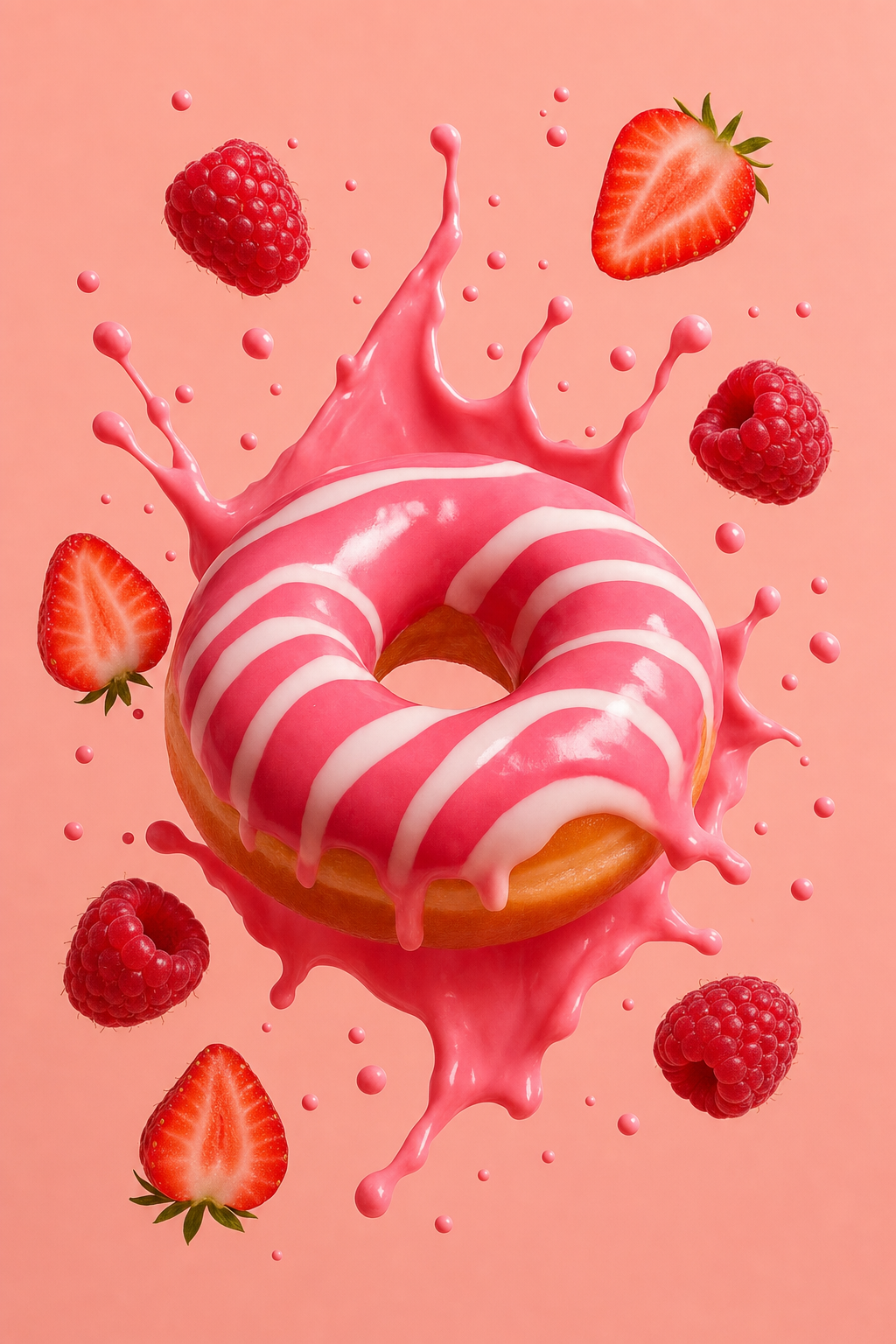 Pink frosted donut in strawberry milk splash