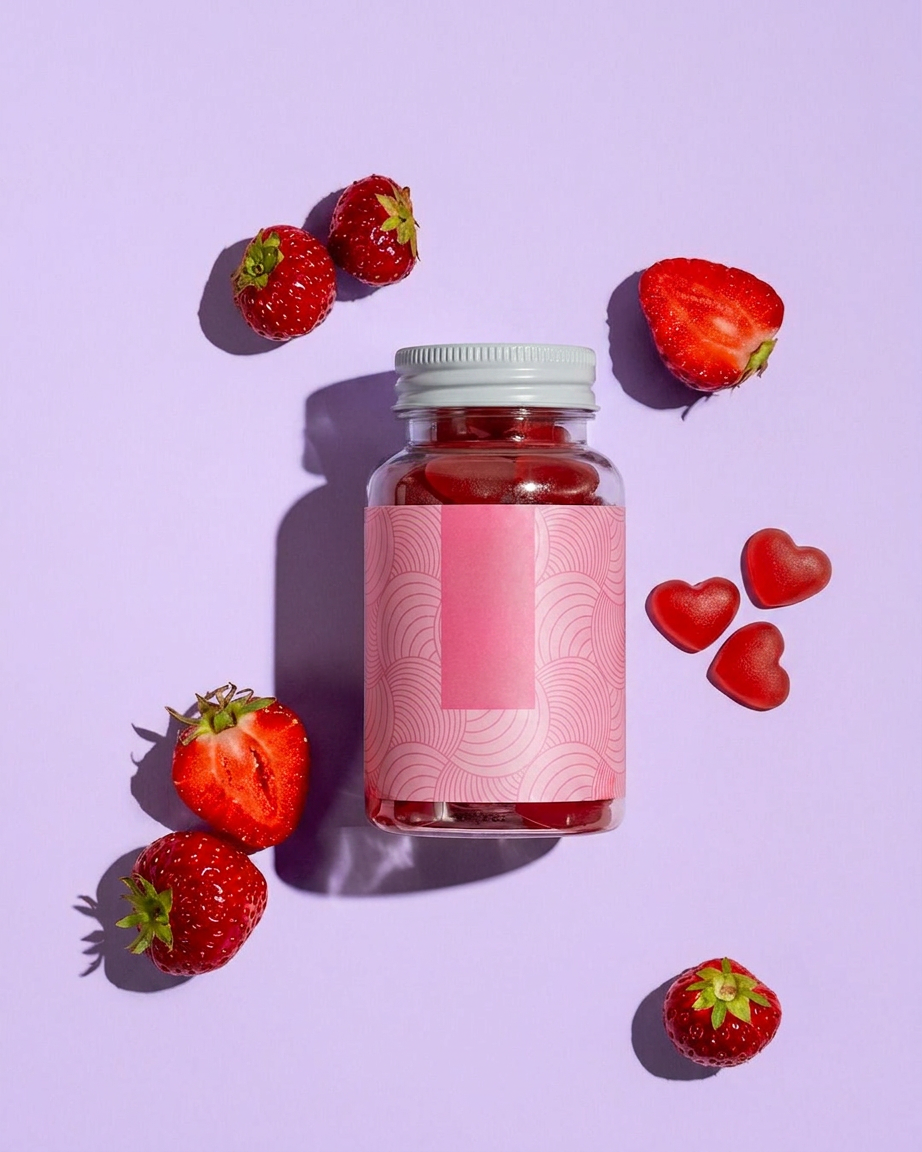 Pink hair vitamins with strawberries — nano-banana-2