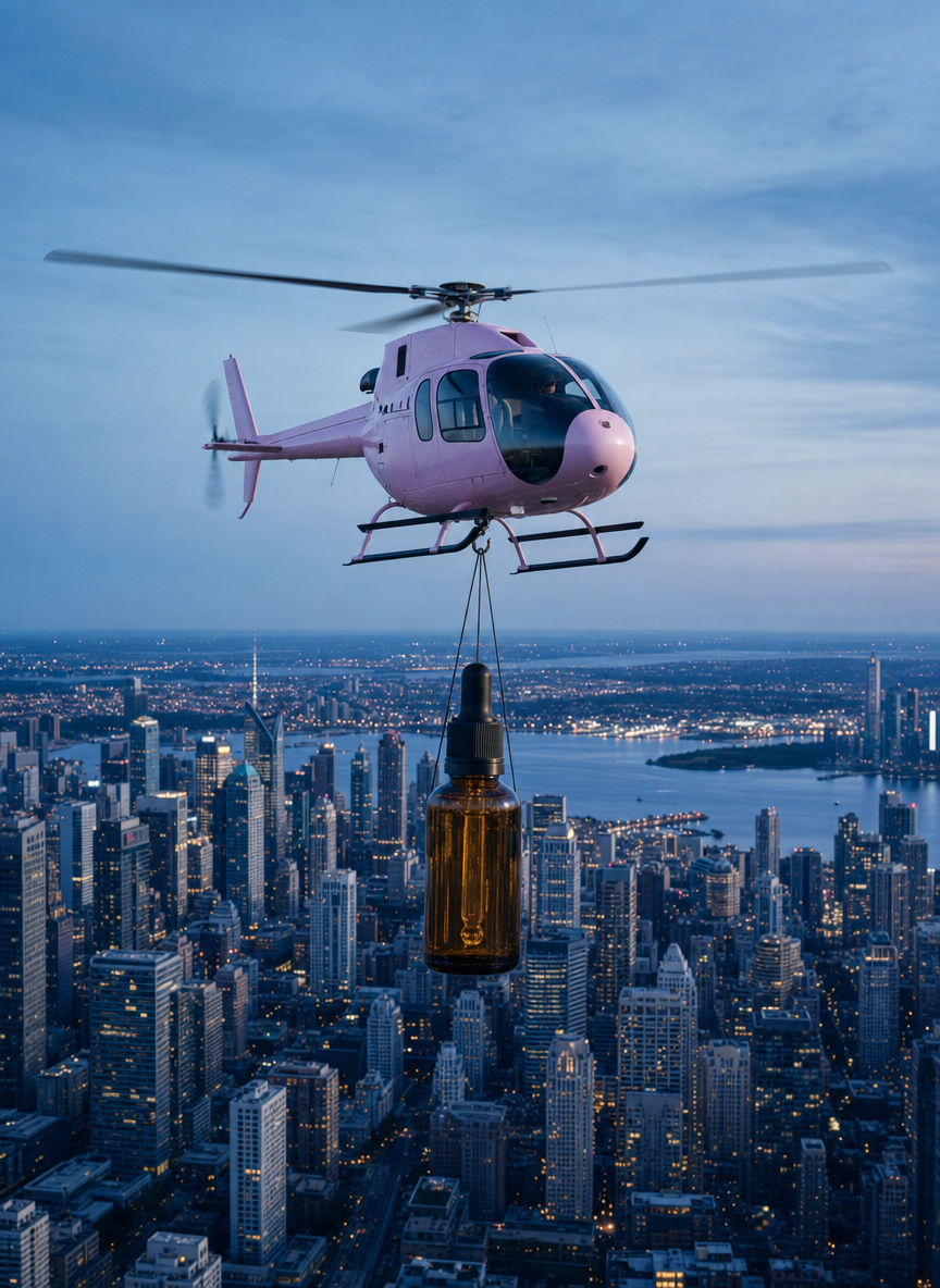 Pink helicopter lowering amber serum bottle