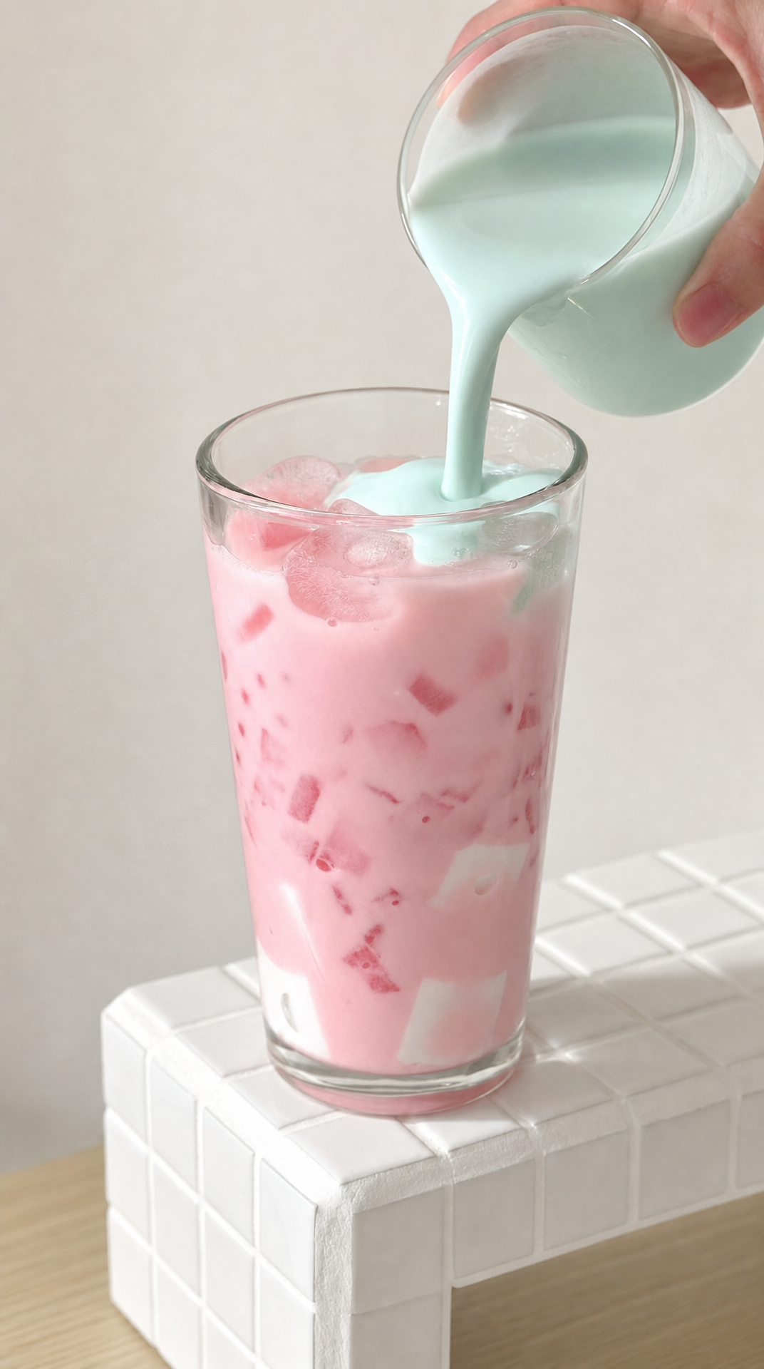 Pink iced watermelon drink with pale teal pour