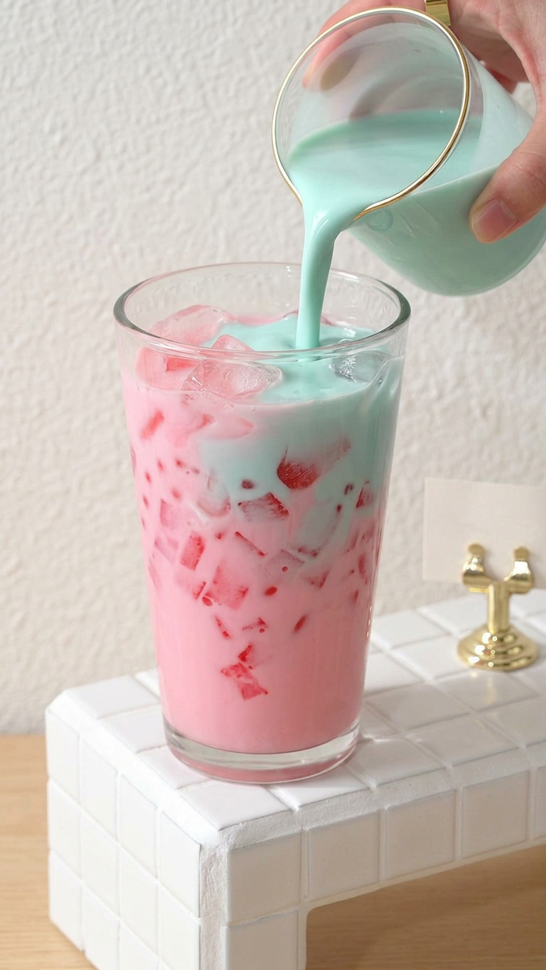 Pink iced watermelon drink with pale teal pour