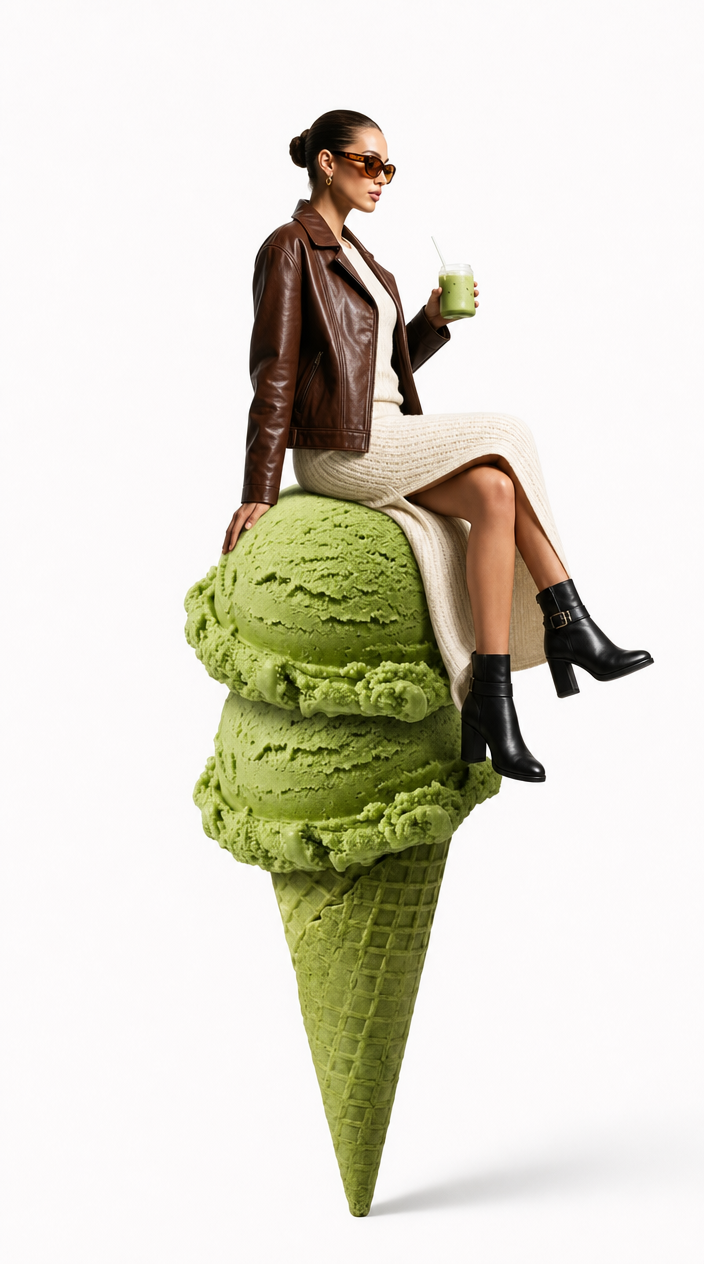 Pistachio ice cream cone model in brown jacket
