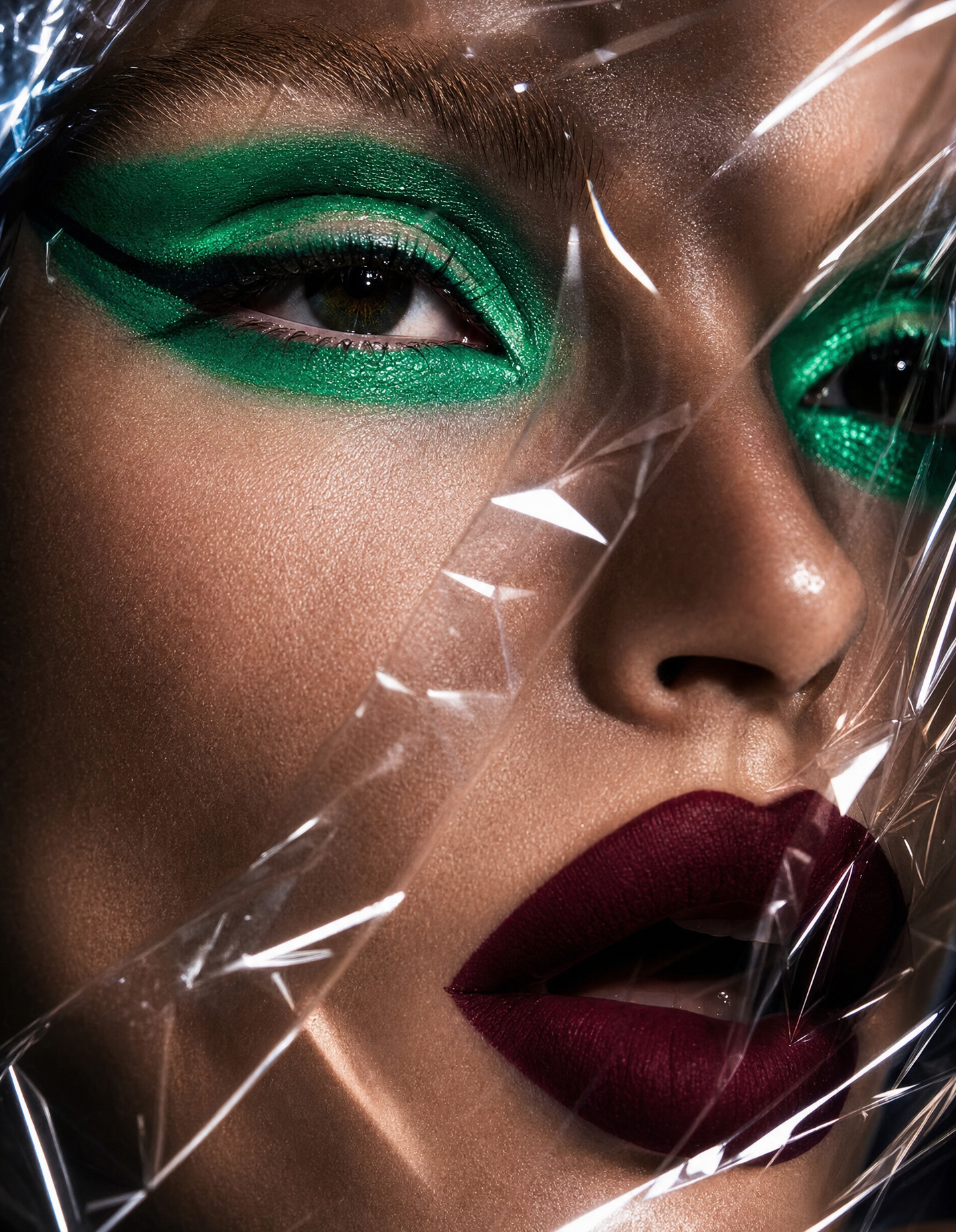 Avant-garde Editorial with Emerald Eyes and Burgundy Lips