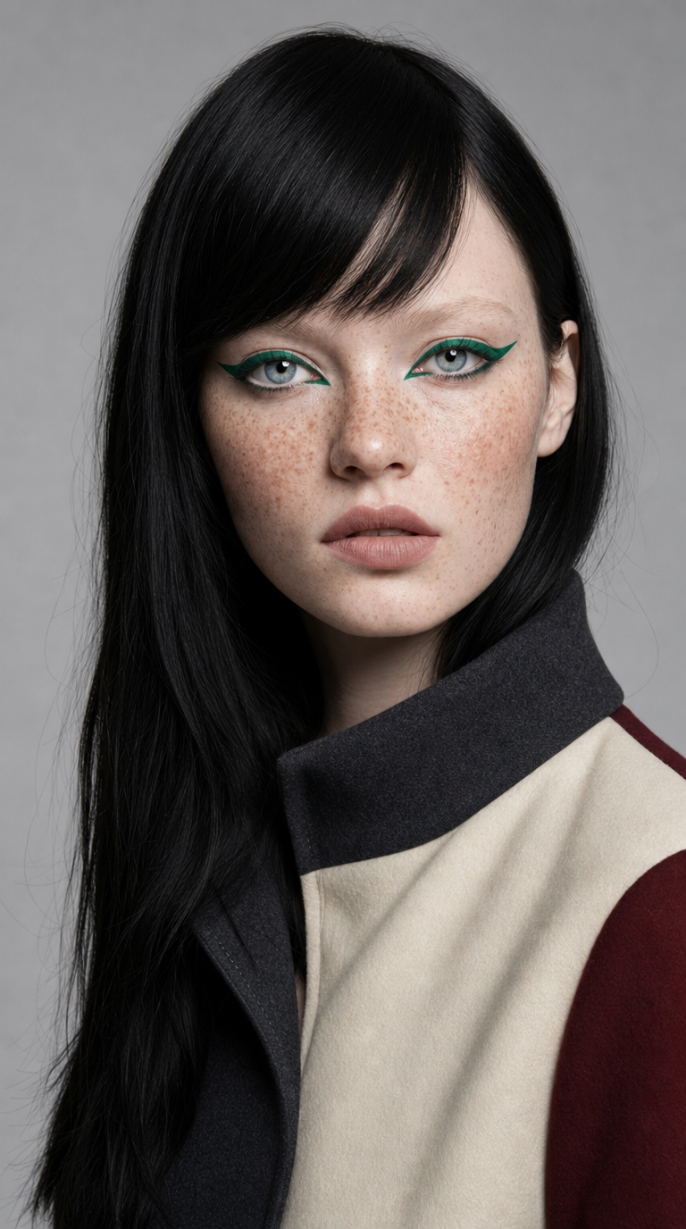 Striking portrait with sleek black hair and emerald liner